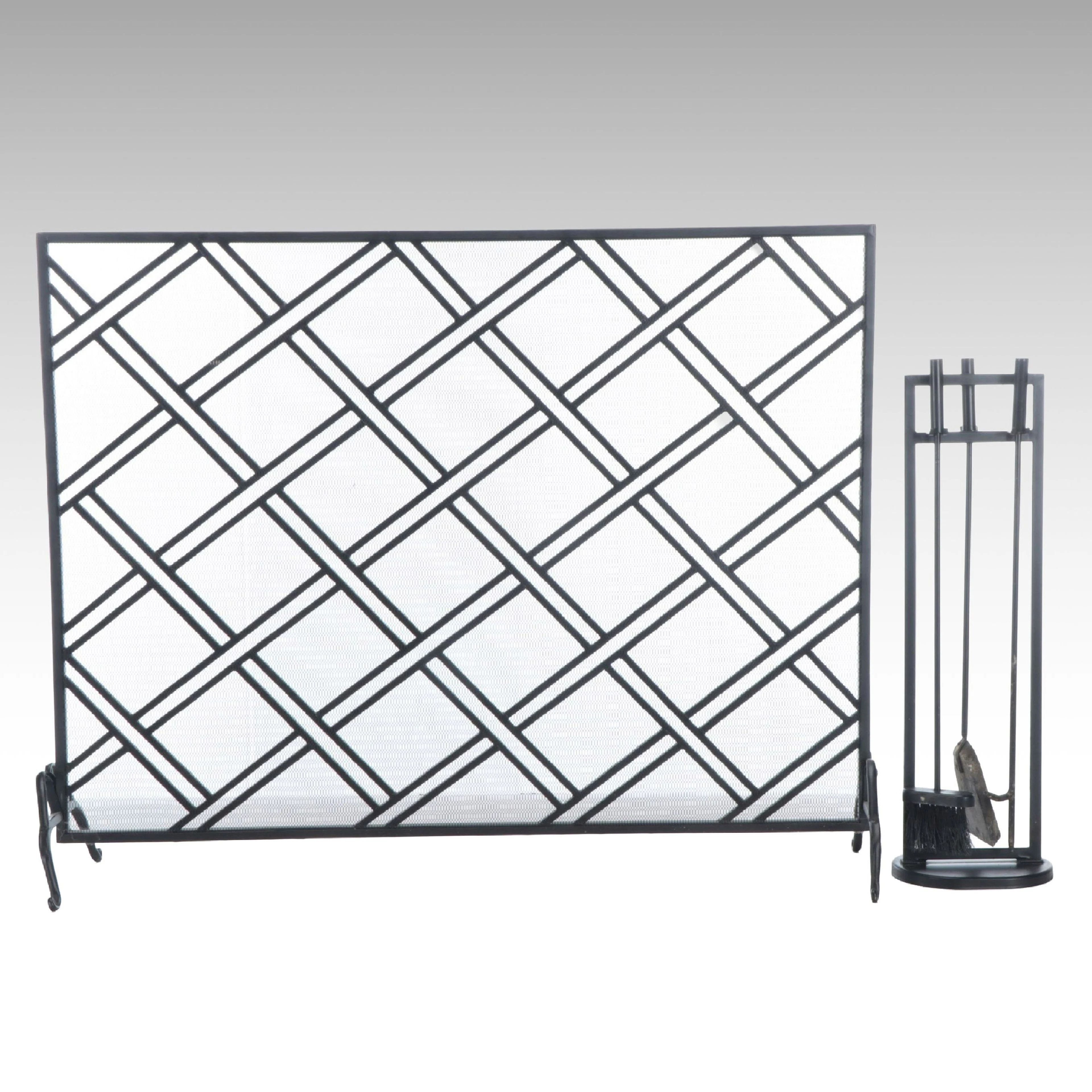 Contemporary Metal Fireplace Screen with Poker and More Tools
