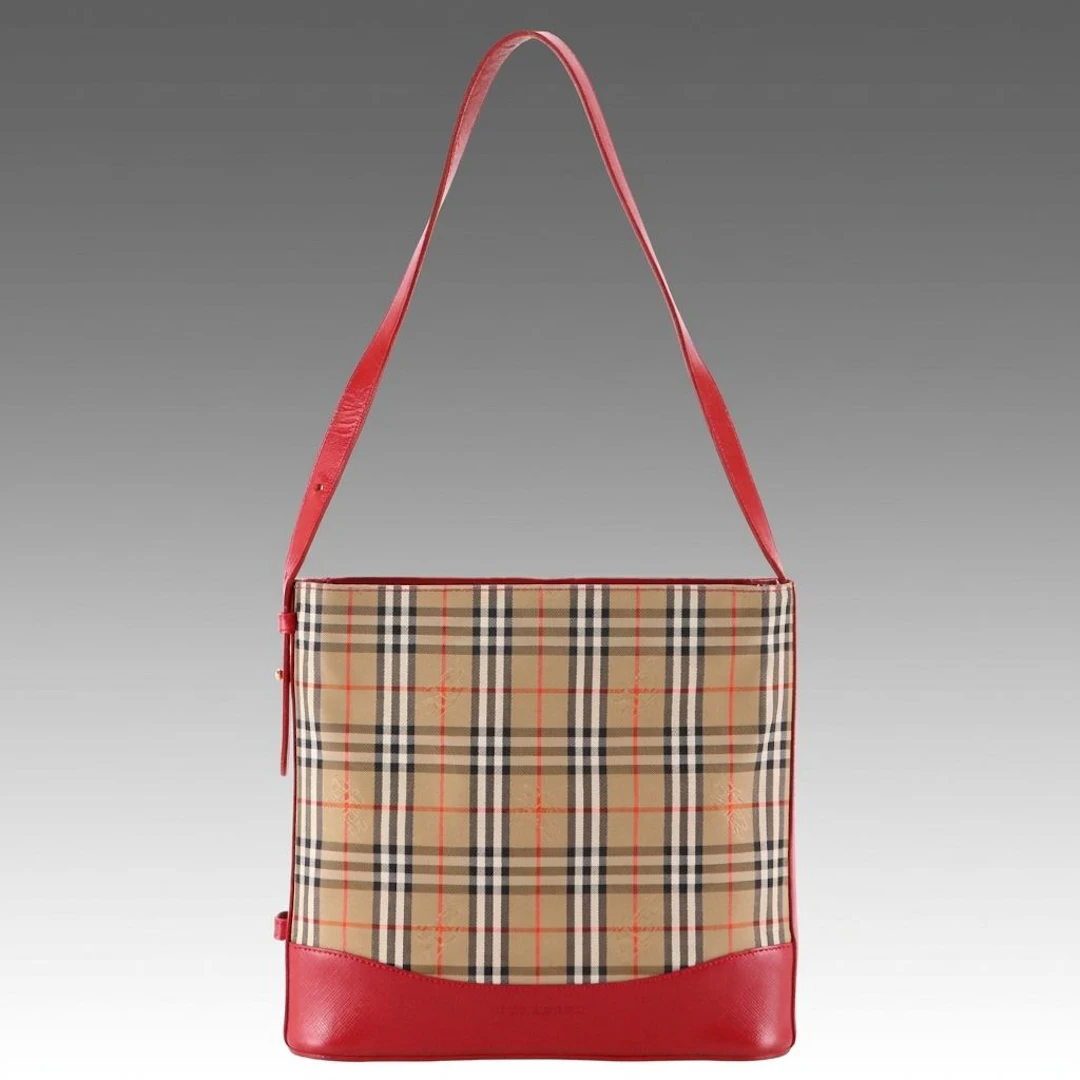 Burberry Haymarket Check Jacquard Canvas and Red Saffiano Leather Shoulder Bag