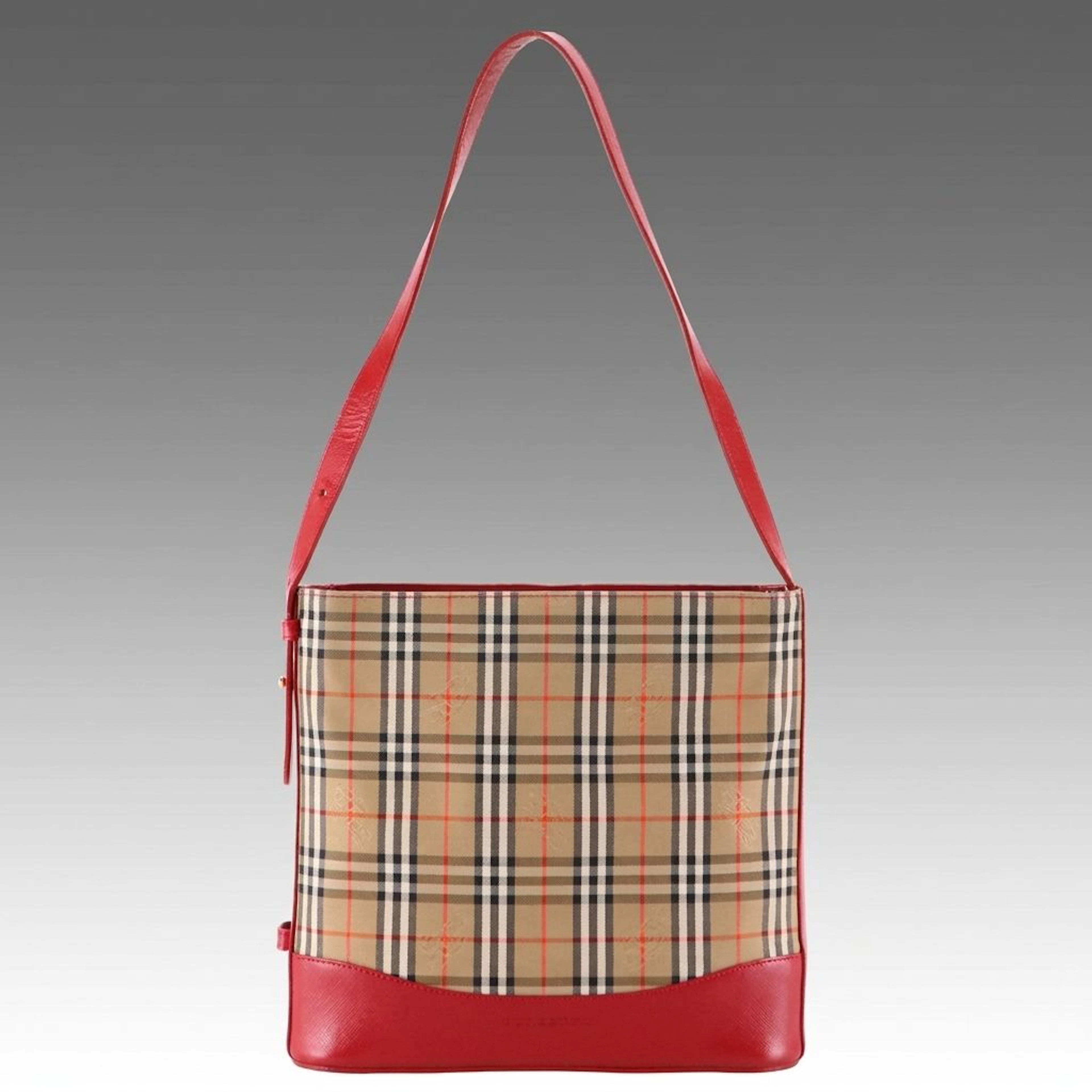 Burberry Haymarket Check Jacquard Canvas and Red Saffiano Leather Shoulder Bag