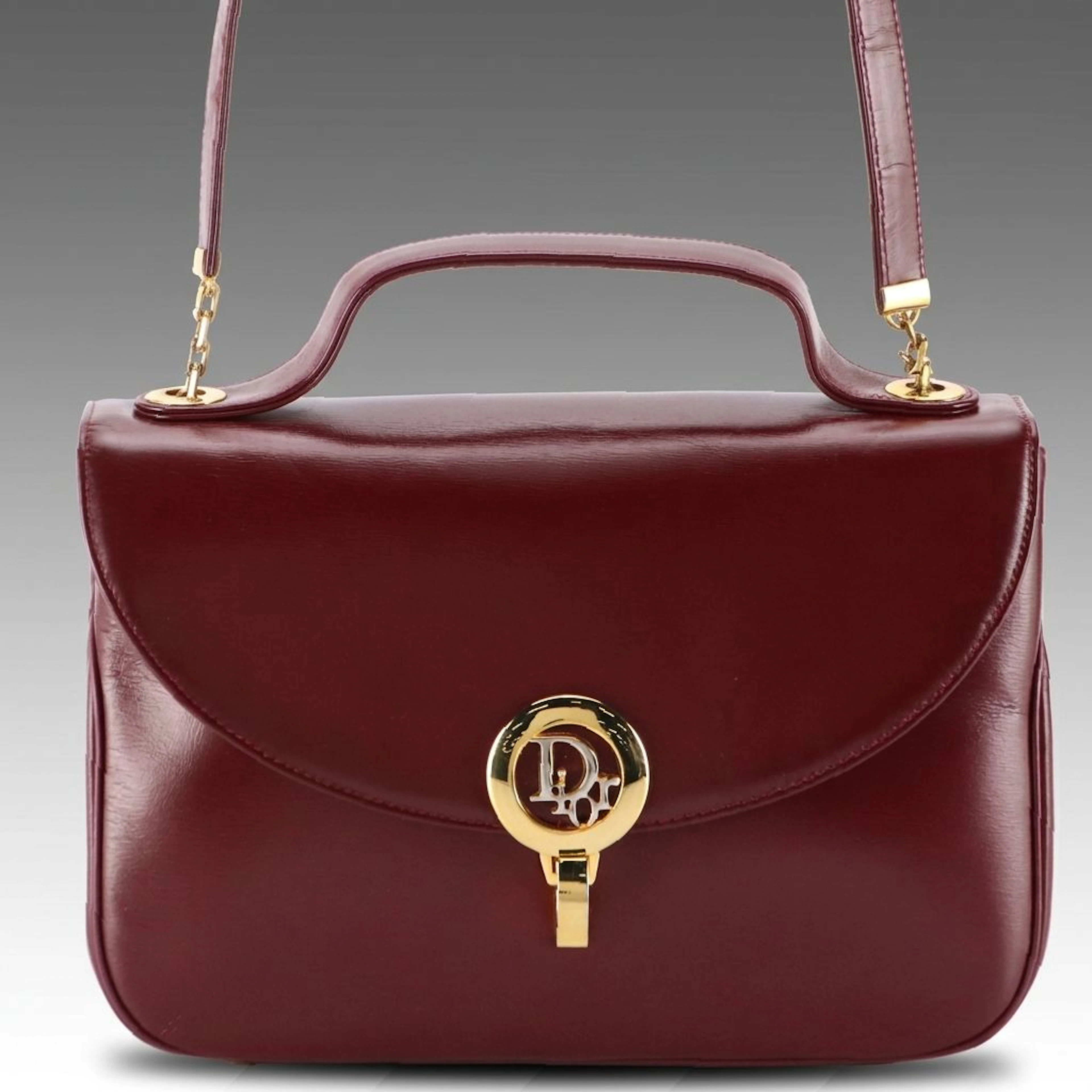 Christian Dior Logo Clasp Two-Way Satchel in Burgundy Calfskin Leather, Vintage