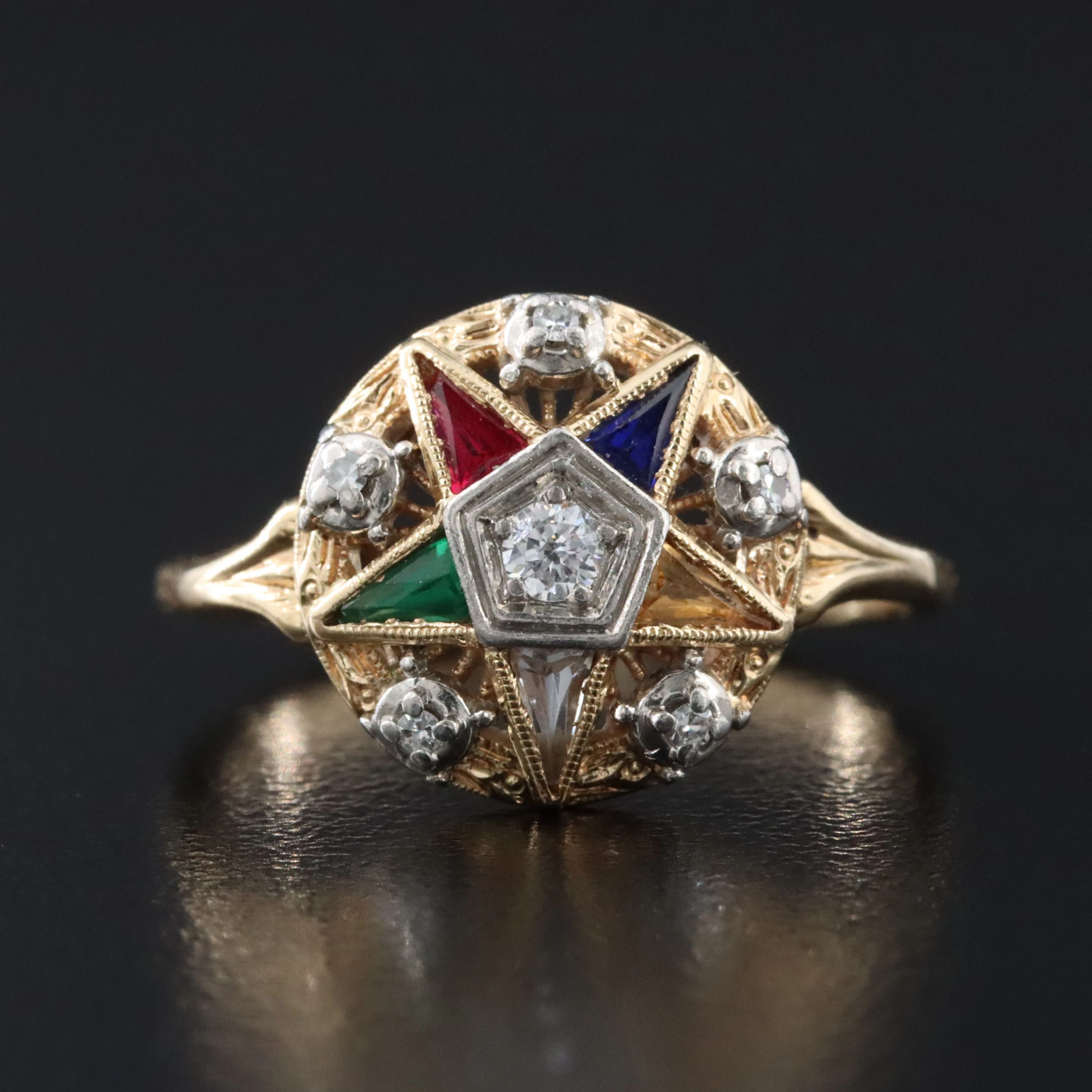 14K Eastern Star Ring with Palladium Settings Including Diamond and Ruby