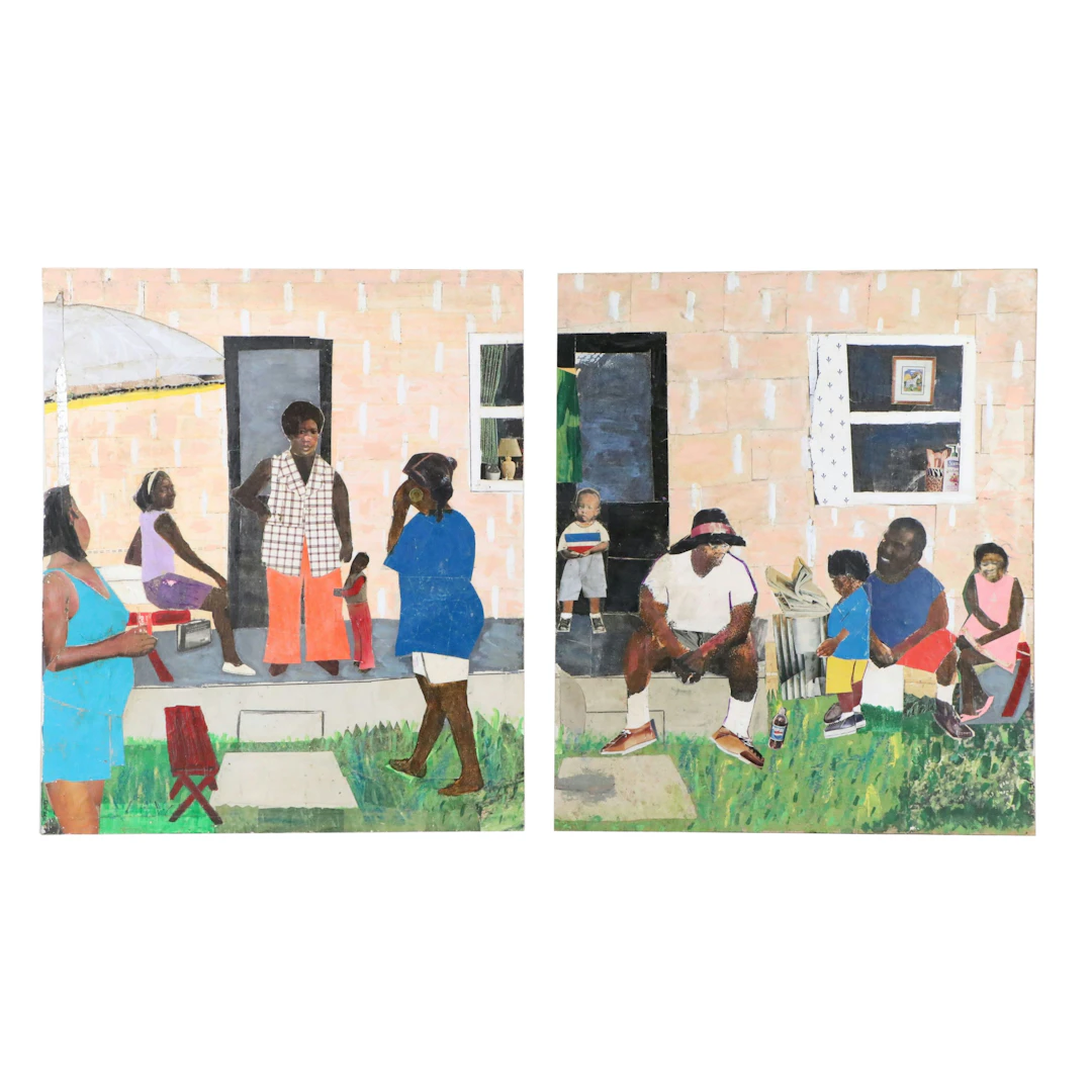 Jeff Zets Diptych Painted Collage of a Gathering "Family Friends," 1992