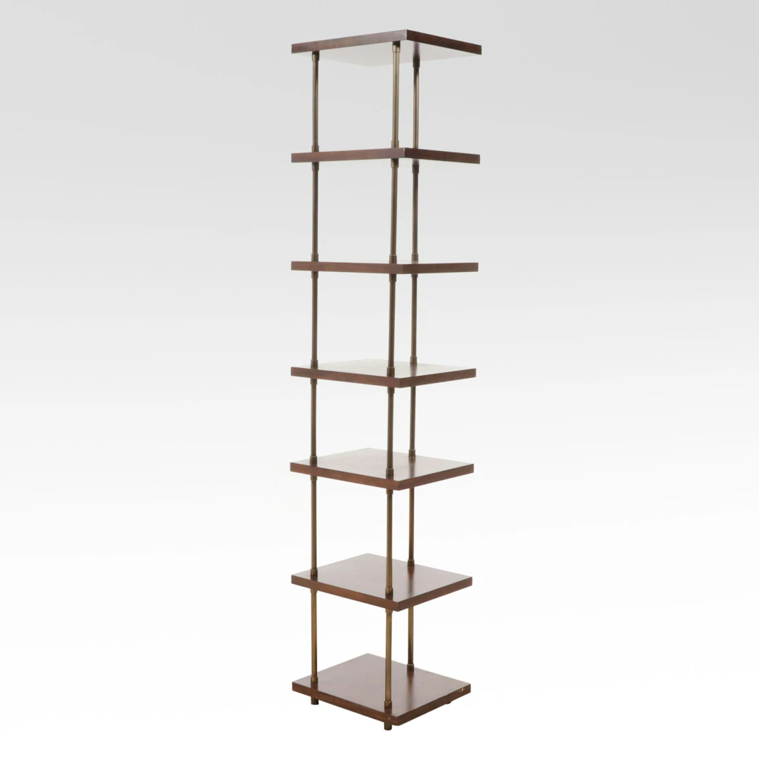 Mitchell Gold + Bob Williams Modern Brass and Wood Tower Etagere, 21st Century