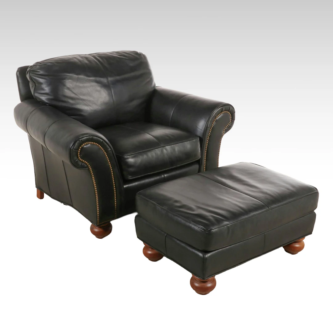 Pennsylvania House Black Leather Armchair and Ottoman