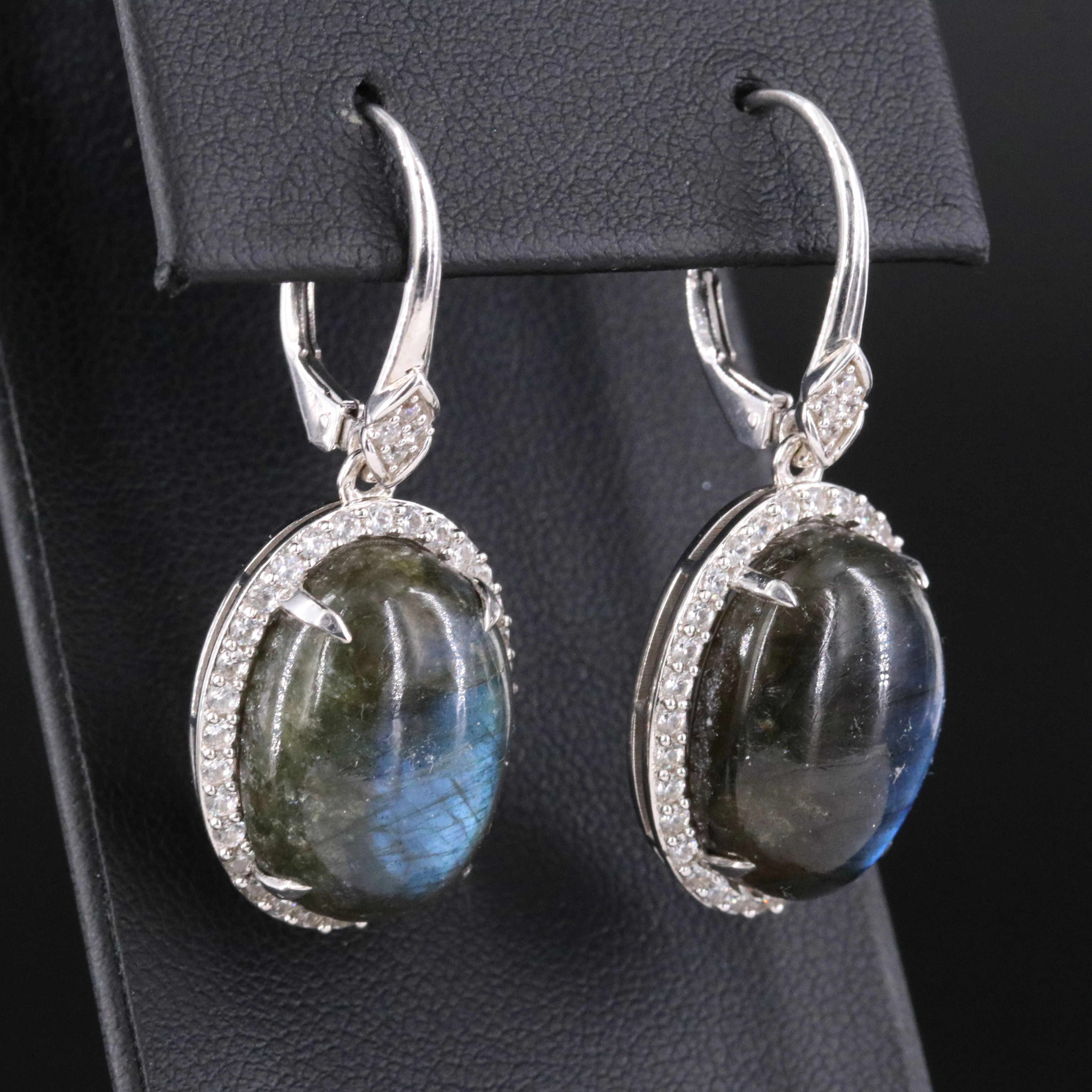 Sterling Labradorite and Zircon Halo Drop Earrings