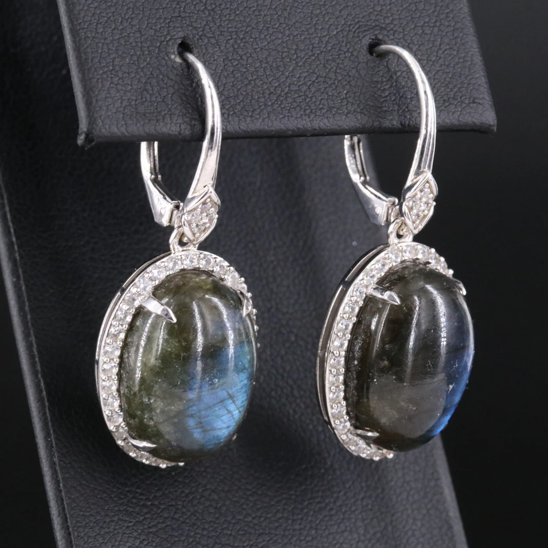 Sterling Labradorite and Zircon Halo Drop Earrings