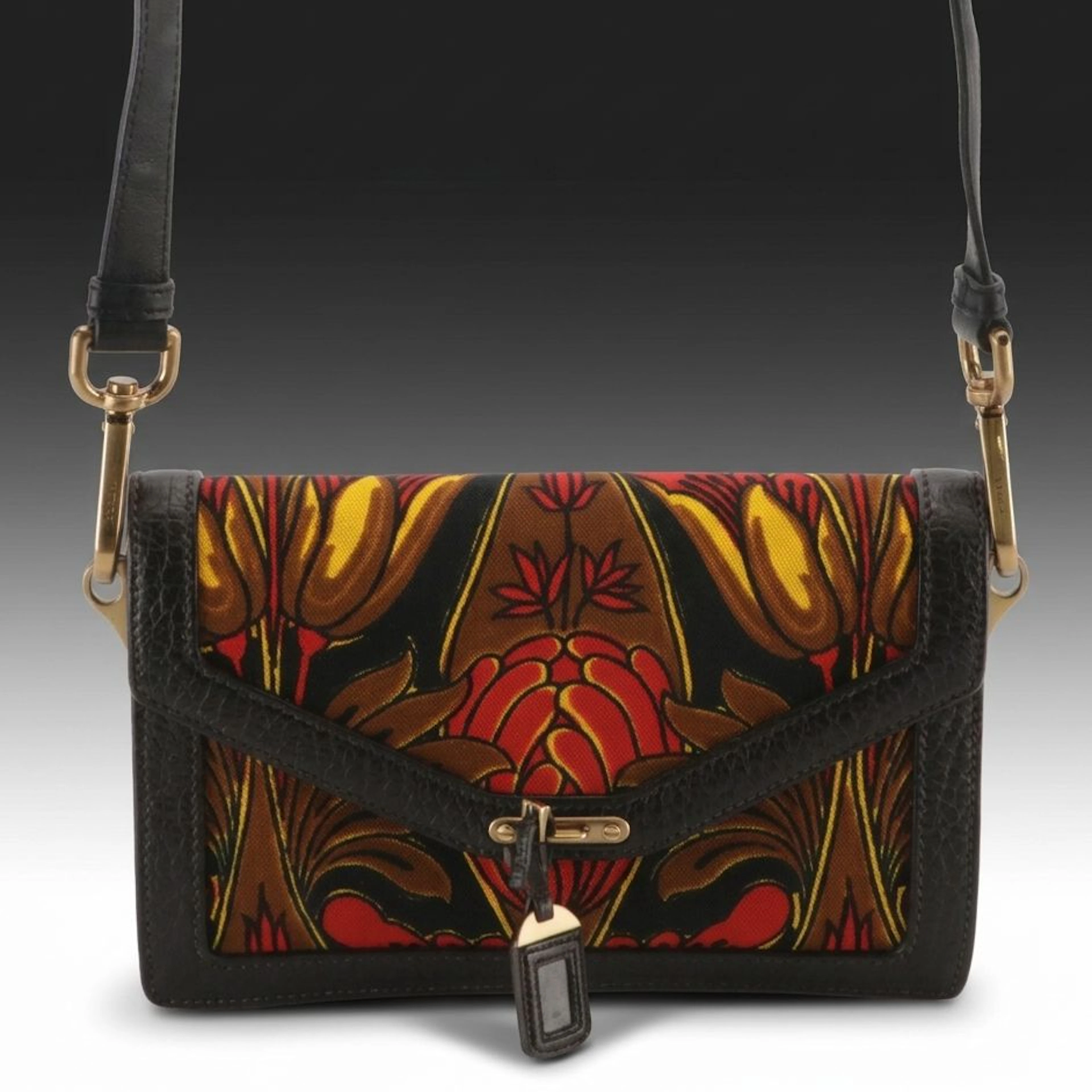 Prada William Morris Canvas & Black Leather Front Flap Convertible Shoulder Bag