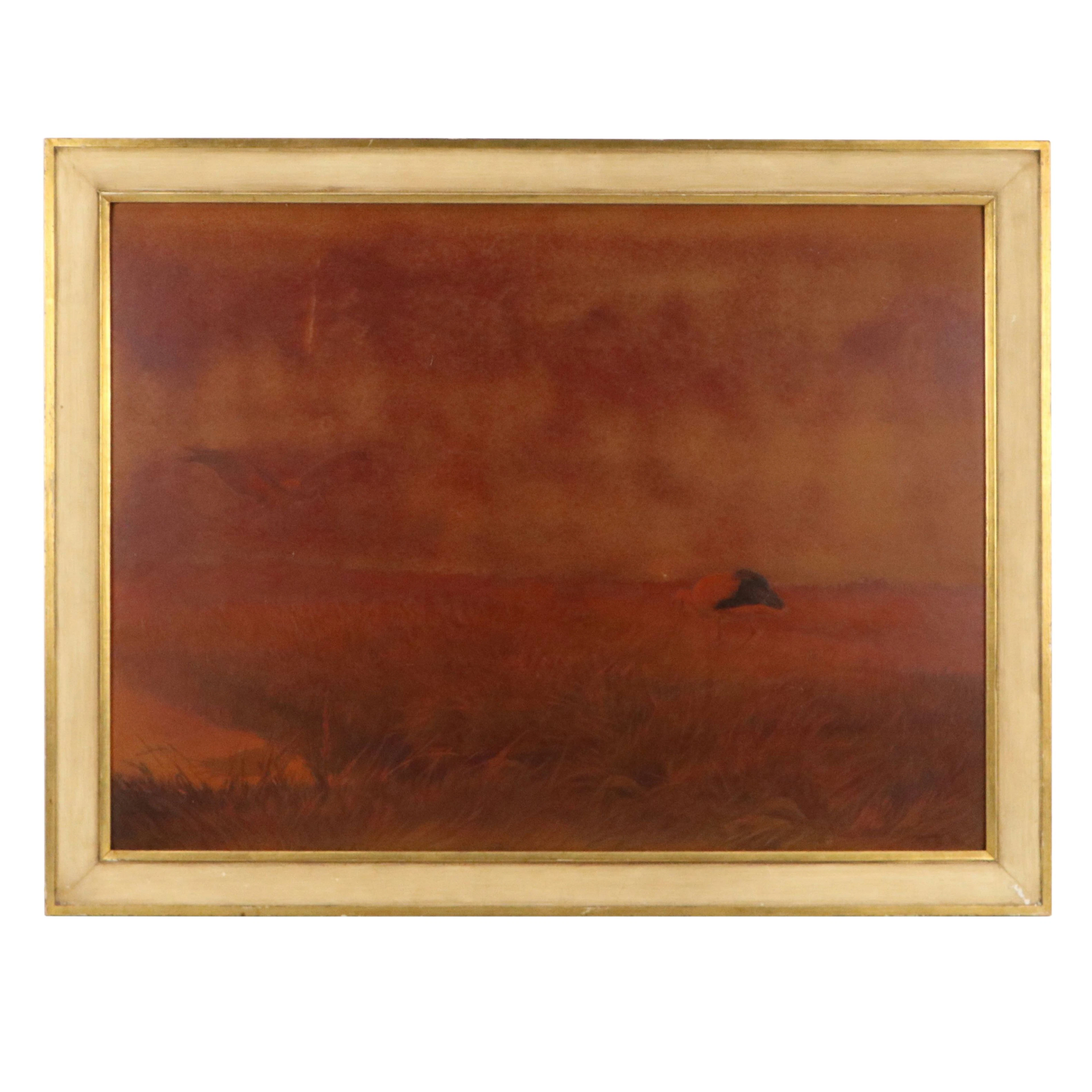 Embellished Collotype Landscape Print with Cranes, Circa Early 20th Century