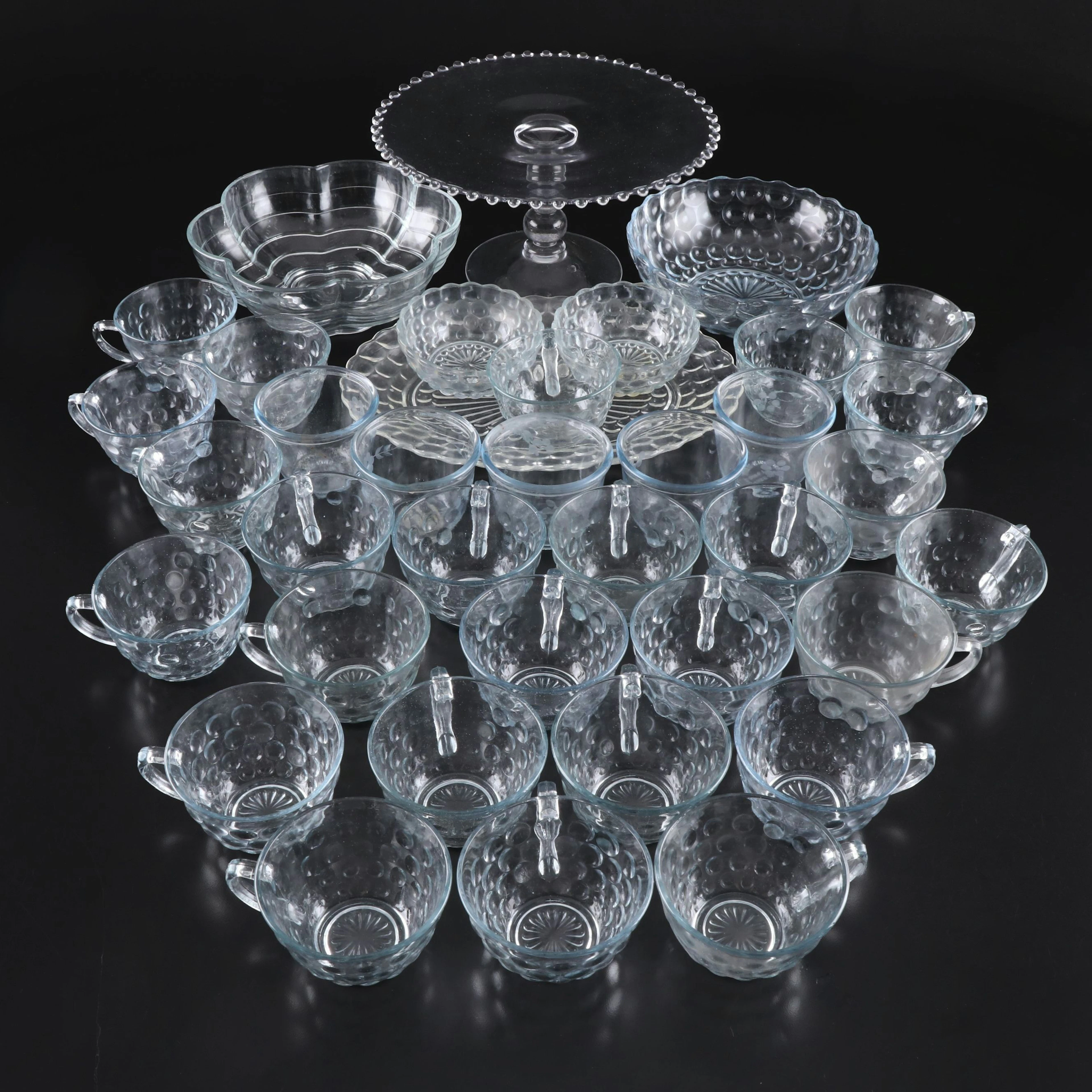 Hobnail Glass Cups, Glass Pedestal Cake Stand, and More Glass Serveware