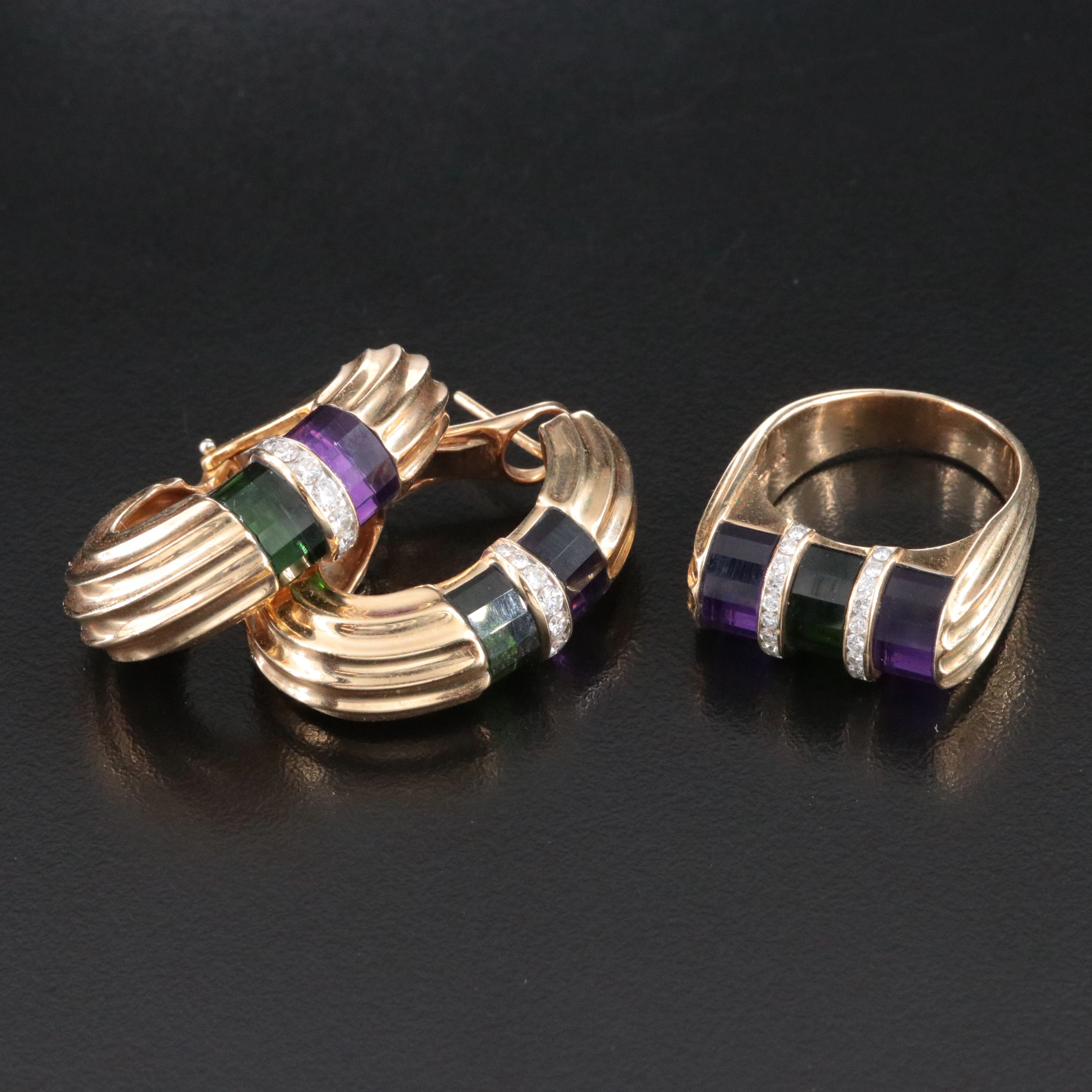 14K Amethyst, Tourmaline and Diamond J Hoop Earrings and Ring