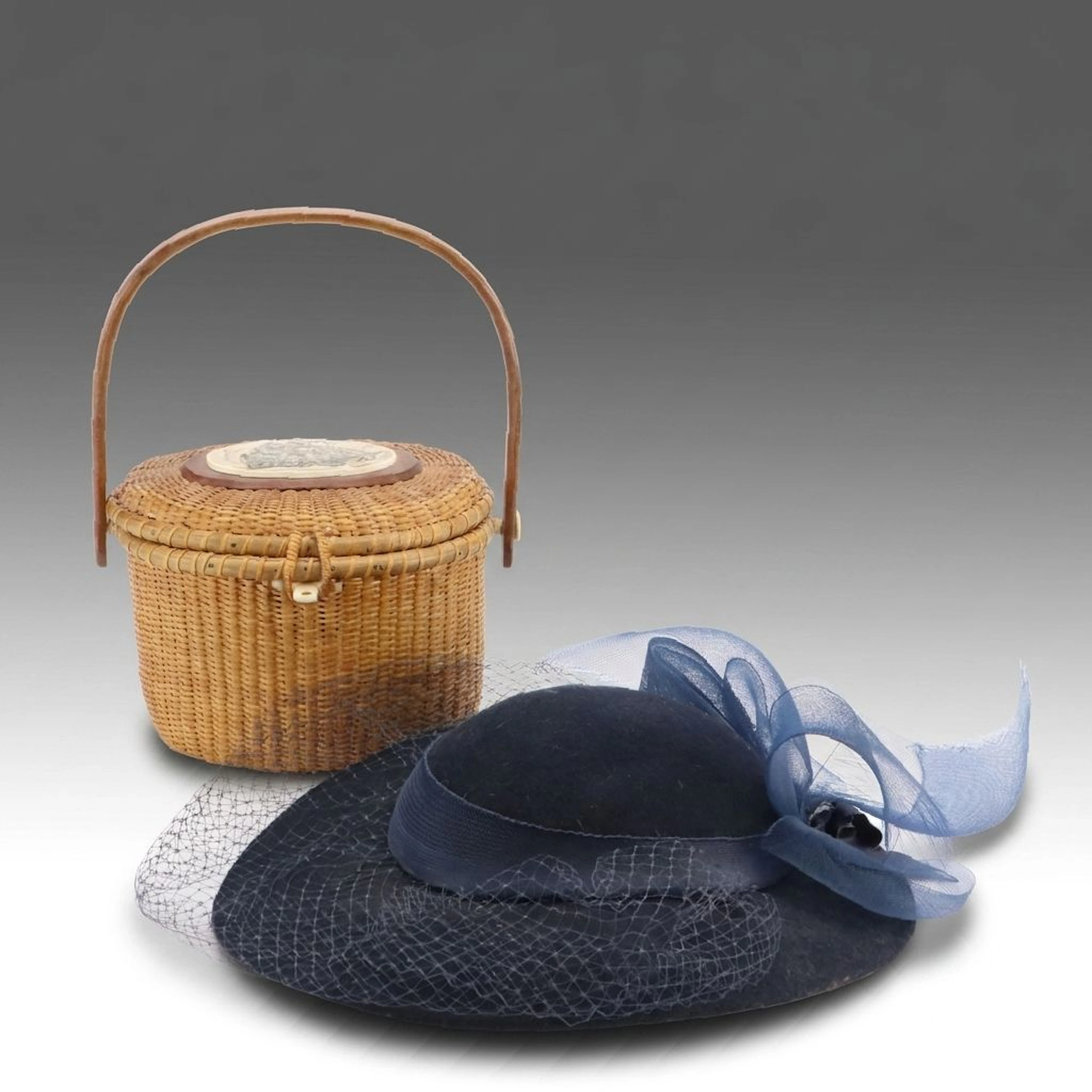 Nantucket Style Basket Bag with Ship Engraving, Sonni Vintage Wool Felt Bow Hat