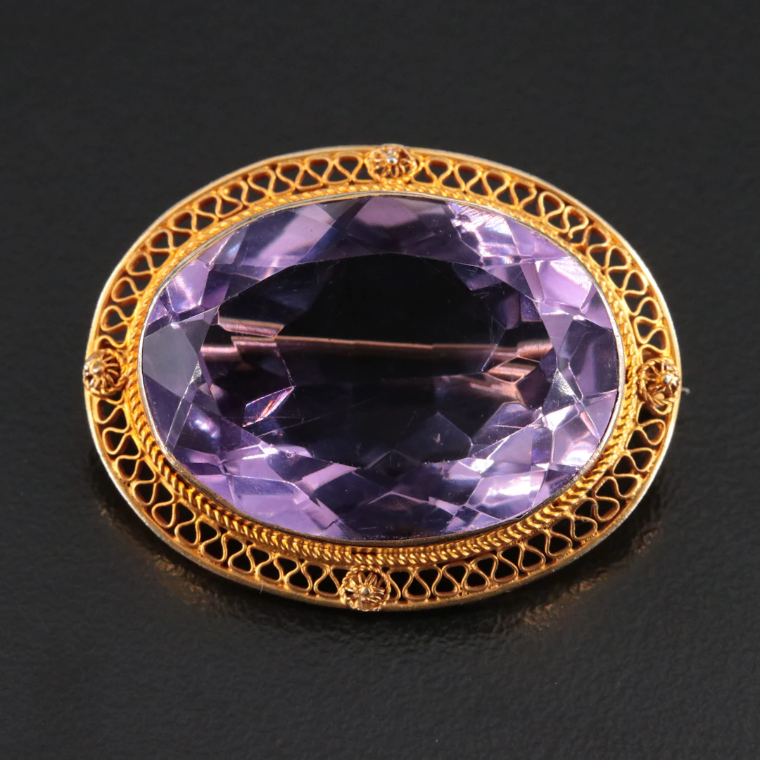 Early 1900s 14K 29.14 CT Amethyst Oval Brooch with Cannetille Wirework Frame
