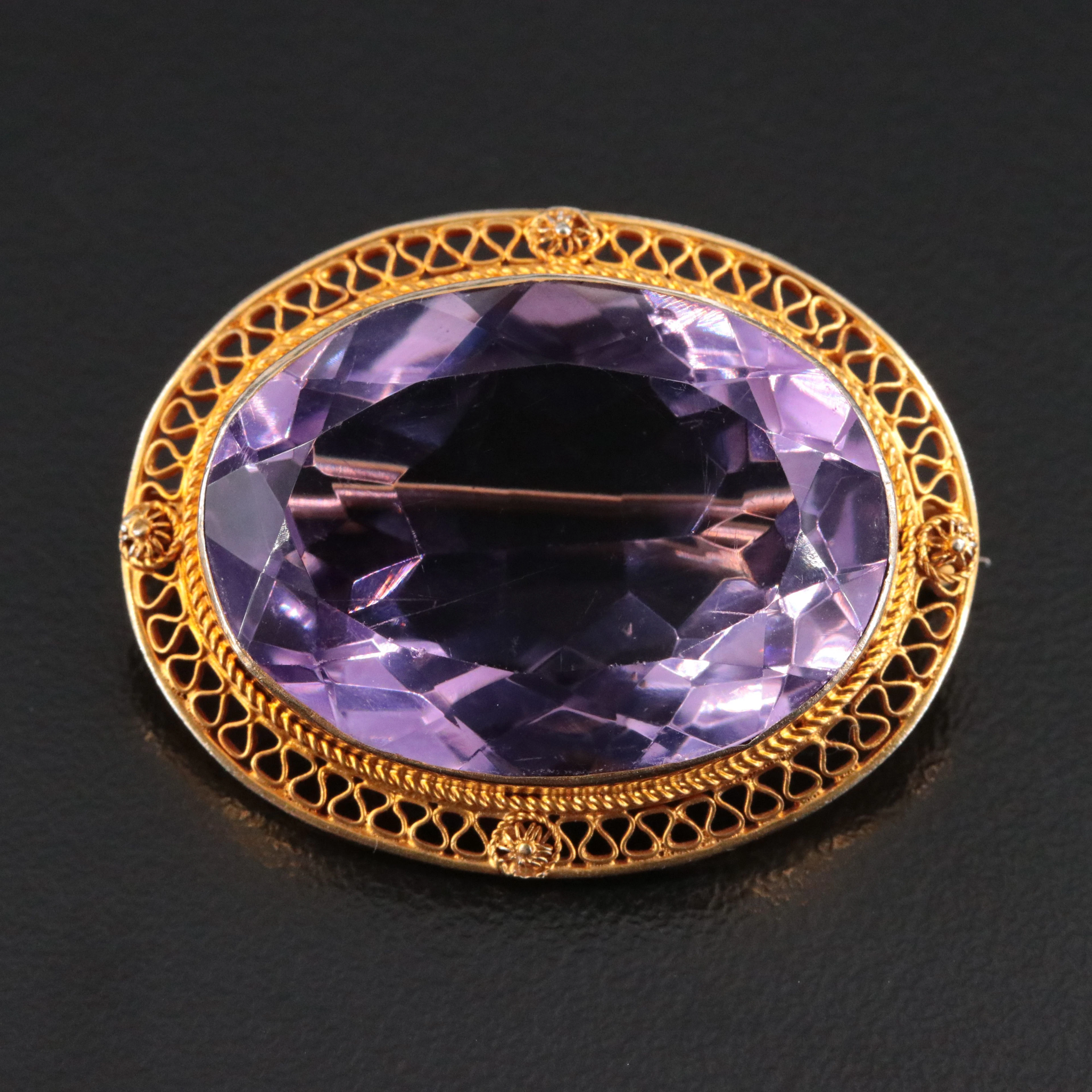 Early 1900s 14K 29.14 CT Amethyst Oval Brooch with Cannetille Wirework Frame