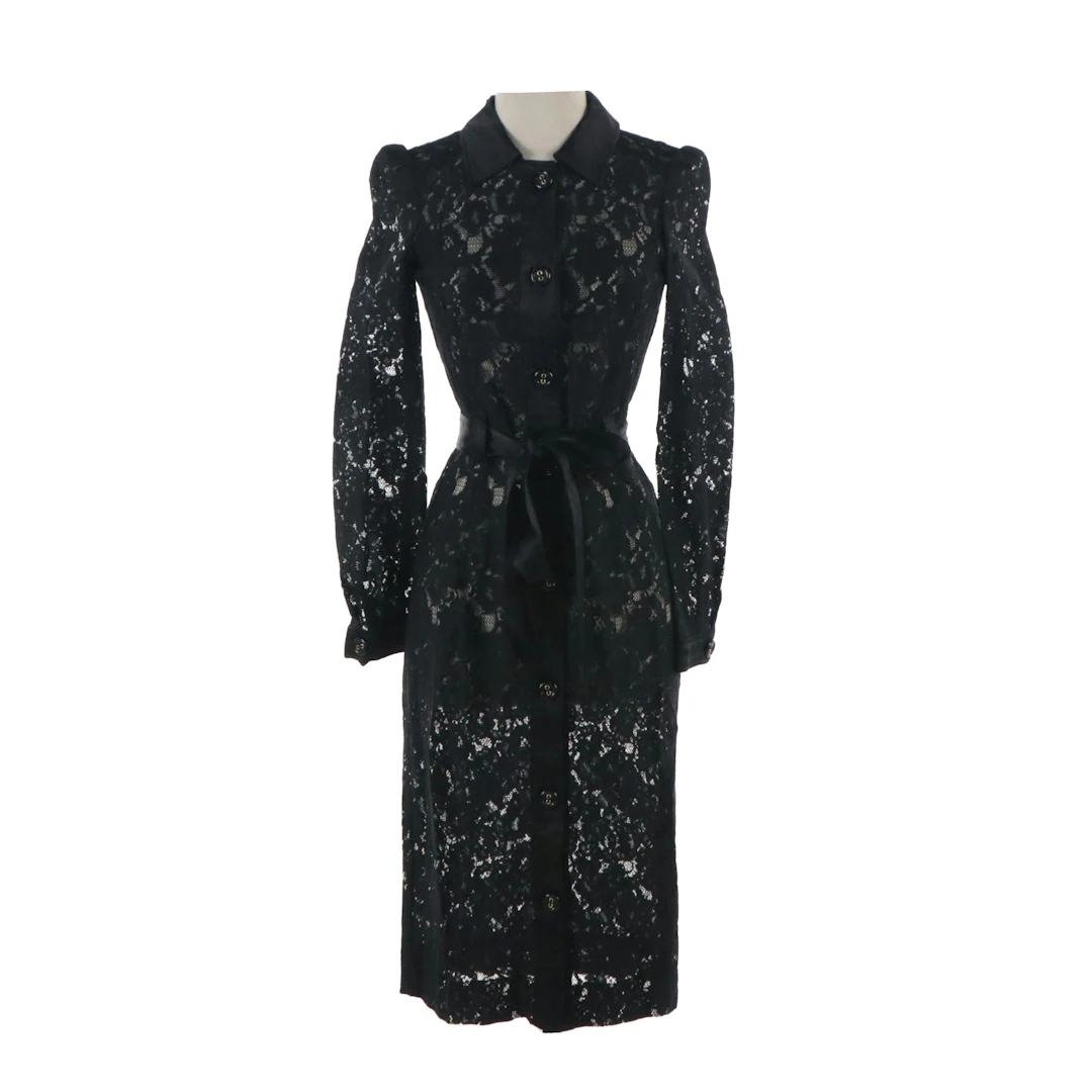 Dolce & Gabbana Belted Button-Front Dress Coat in Black Silk Blend Lace