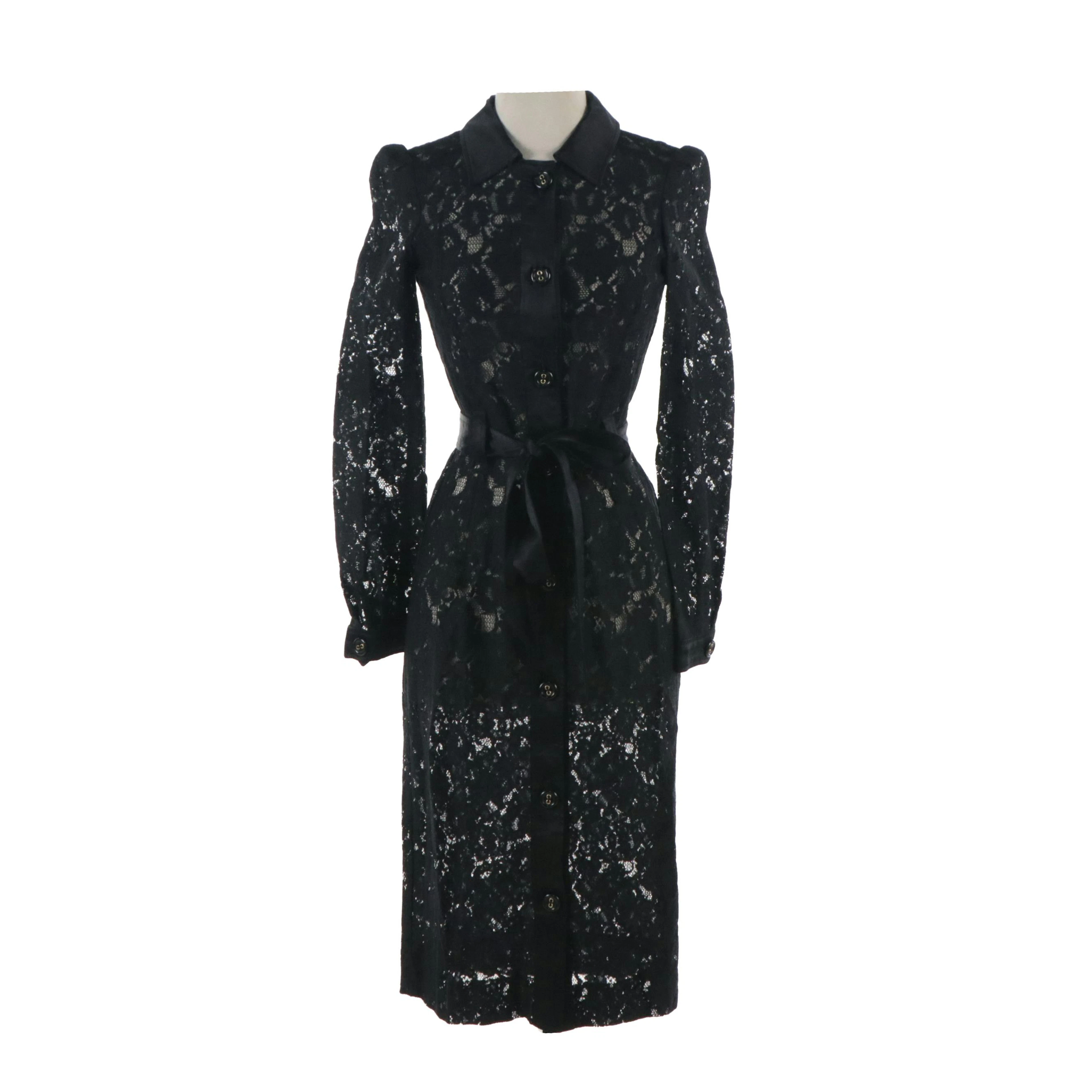 Dolce & Gabbana Belted Button-Front Dress Coat in Black Silk Blend Lace