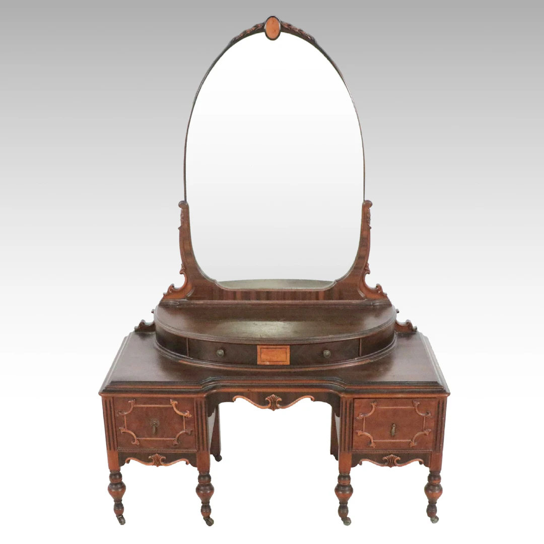 Art Deco Mahogany and Mixed Wood Vanity Dressing Table, Early 20th Century
