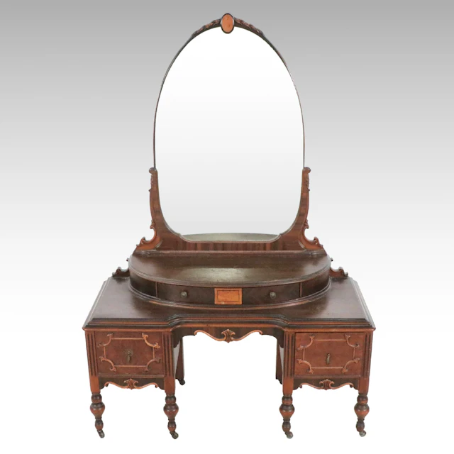 Art Deco Mahogany and Mixed Wood Vanity Dressing Table, Early 20th Century