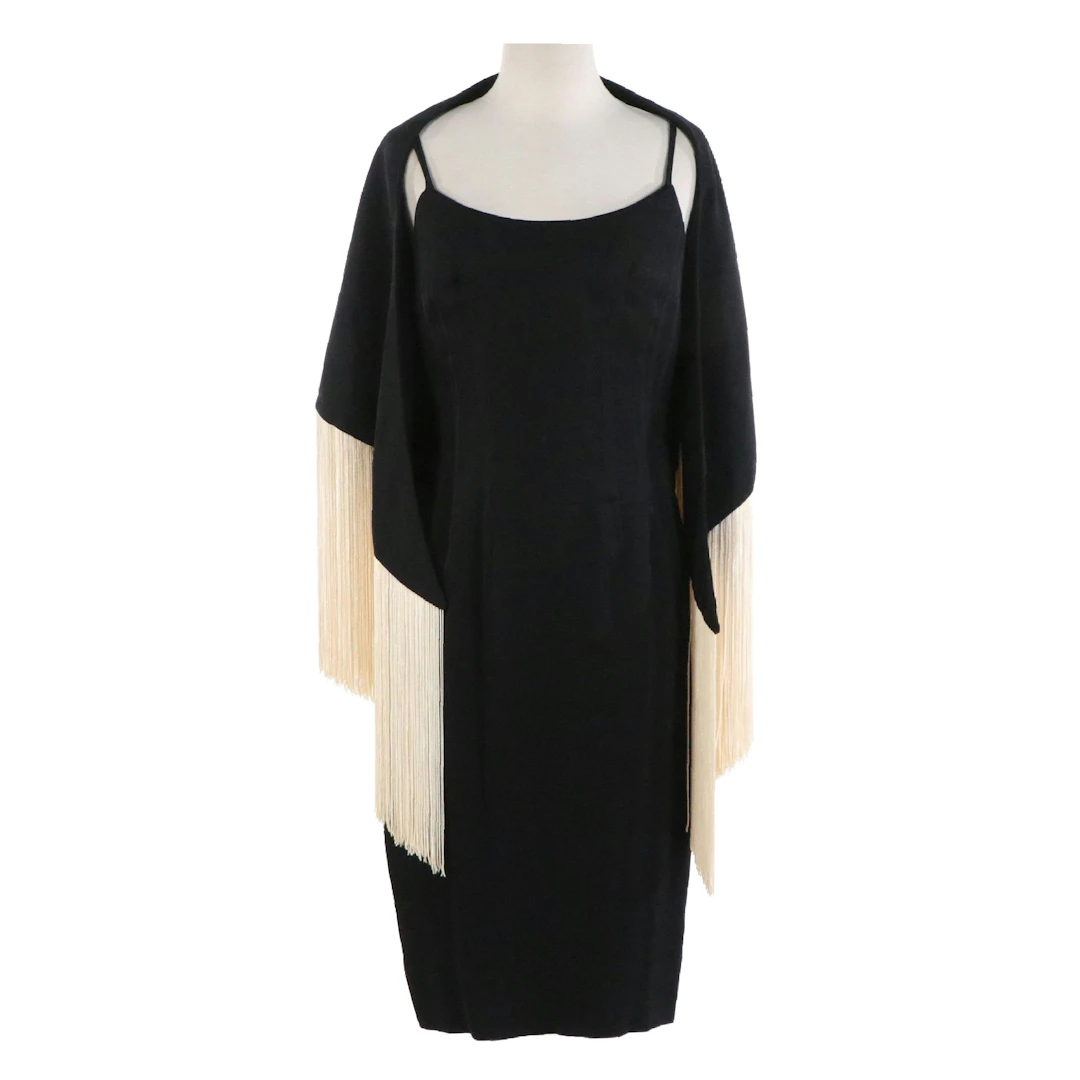 Mr. Blackwell Little Black Cocktail Wiggle Dress with Fringed Shawl, Vintage