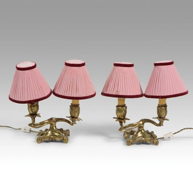 Pair of Brass Double Arm Floral Accent Lamps, Vintage