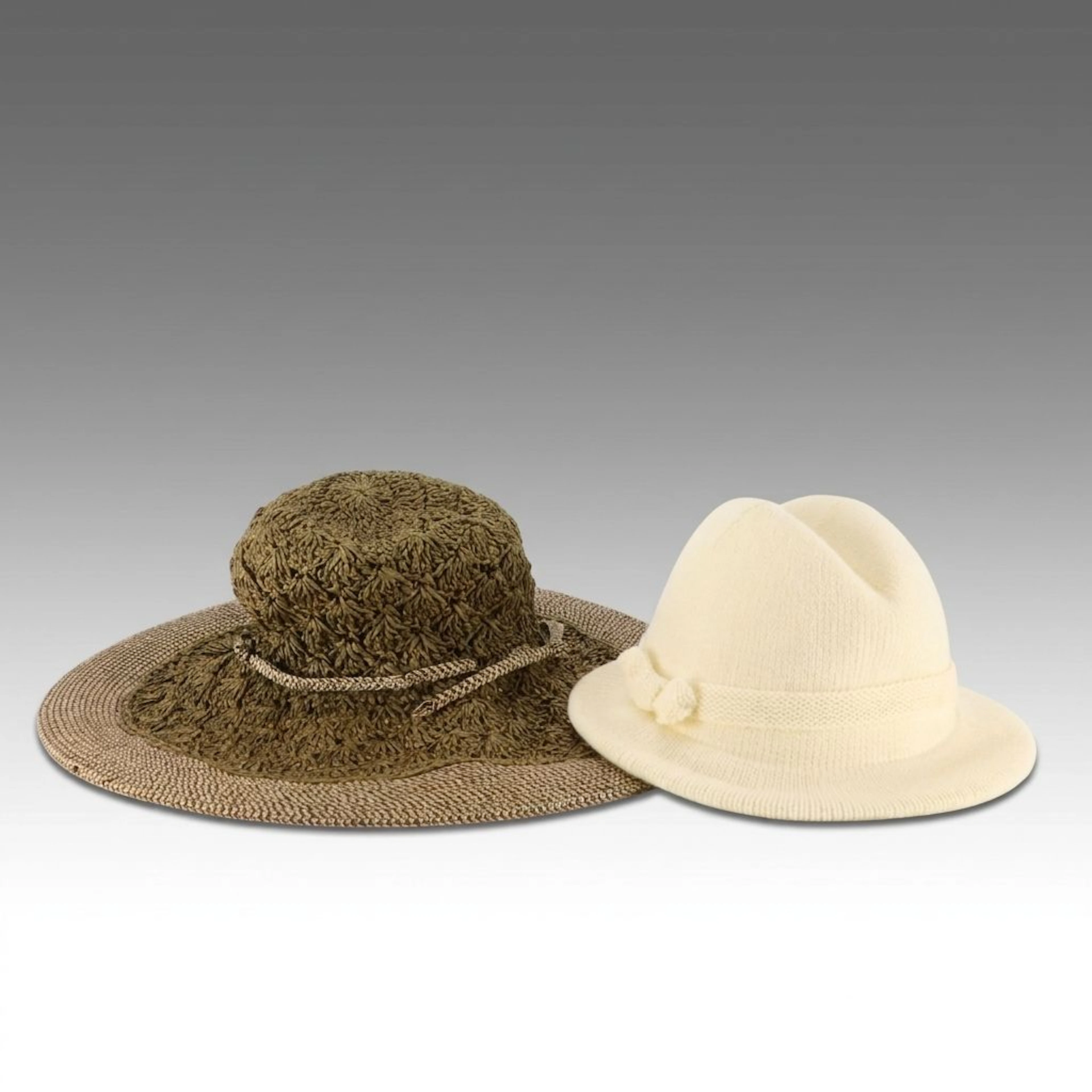Isotoner Bow Accent Knit Cloche Hat and Memar Woven Paper Straw Wide Brim Hat