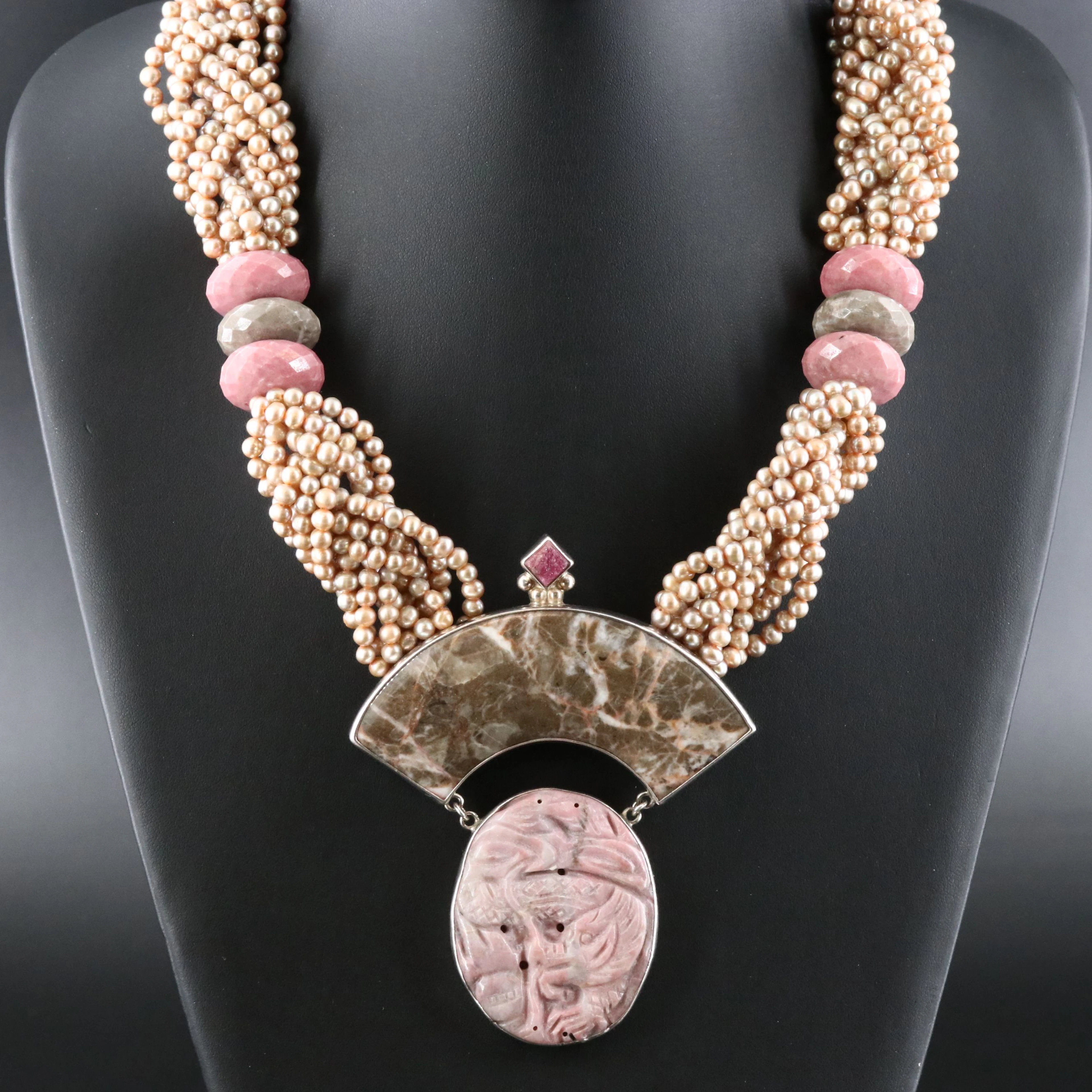 Sterling Gemstone Necklace Including Rhodonite, Jasper and Pearl