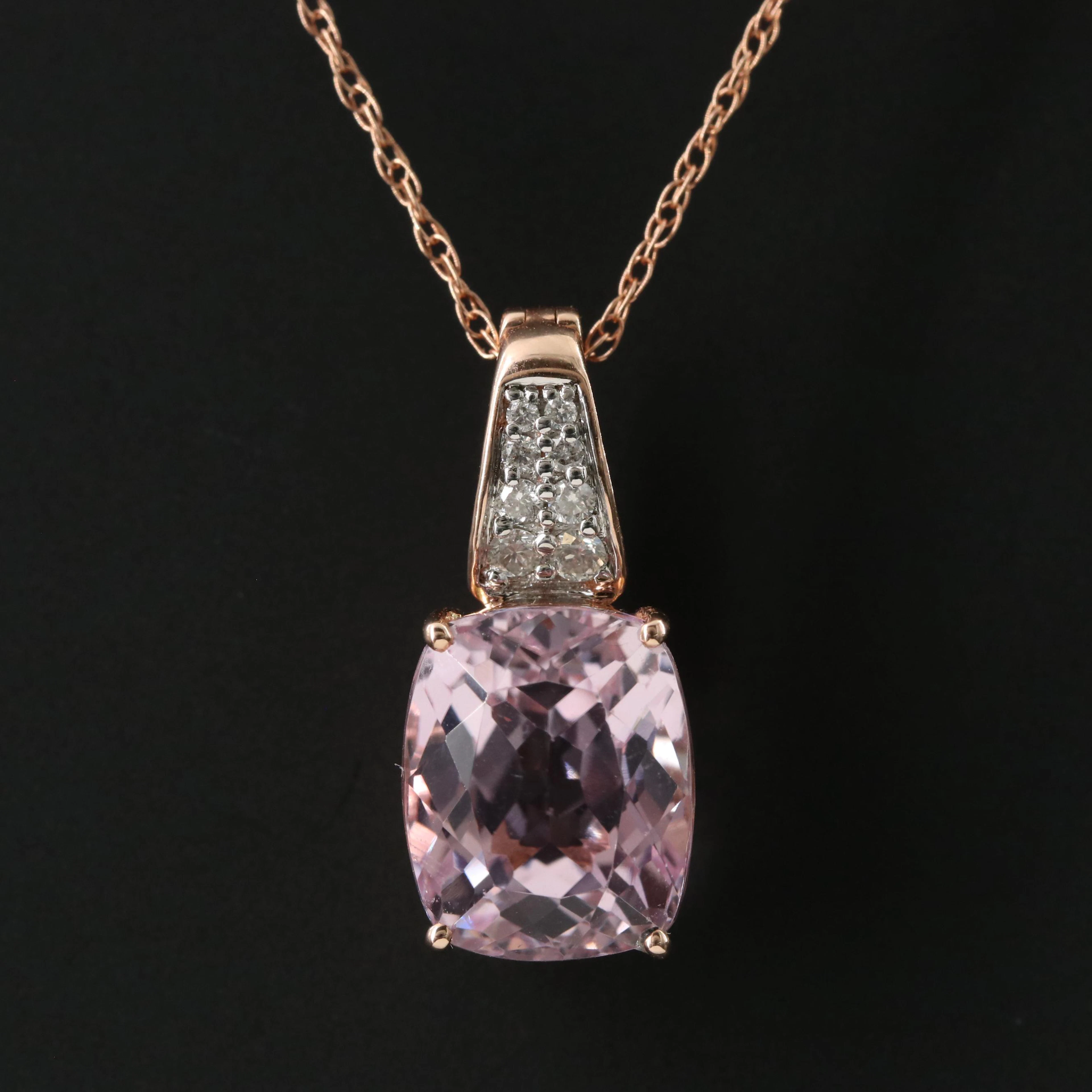 14K Rose Gold 5.92 CT Kunzite and Diamond Enhancer Pendant Necklace