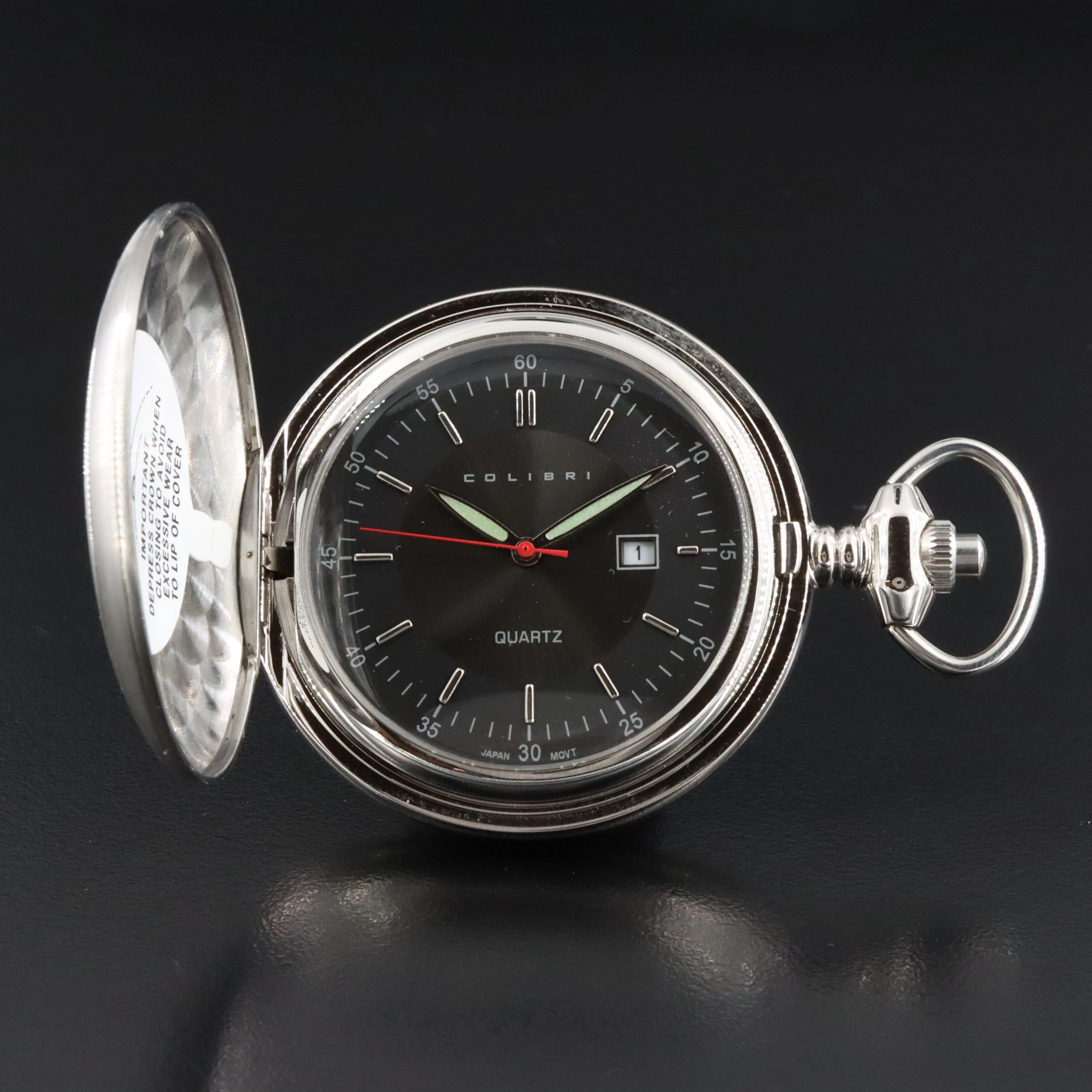 Colibri Silver Tone Black Dial and Date Quartz Pocket Watch
