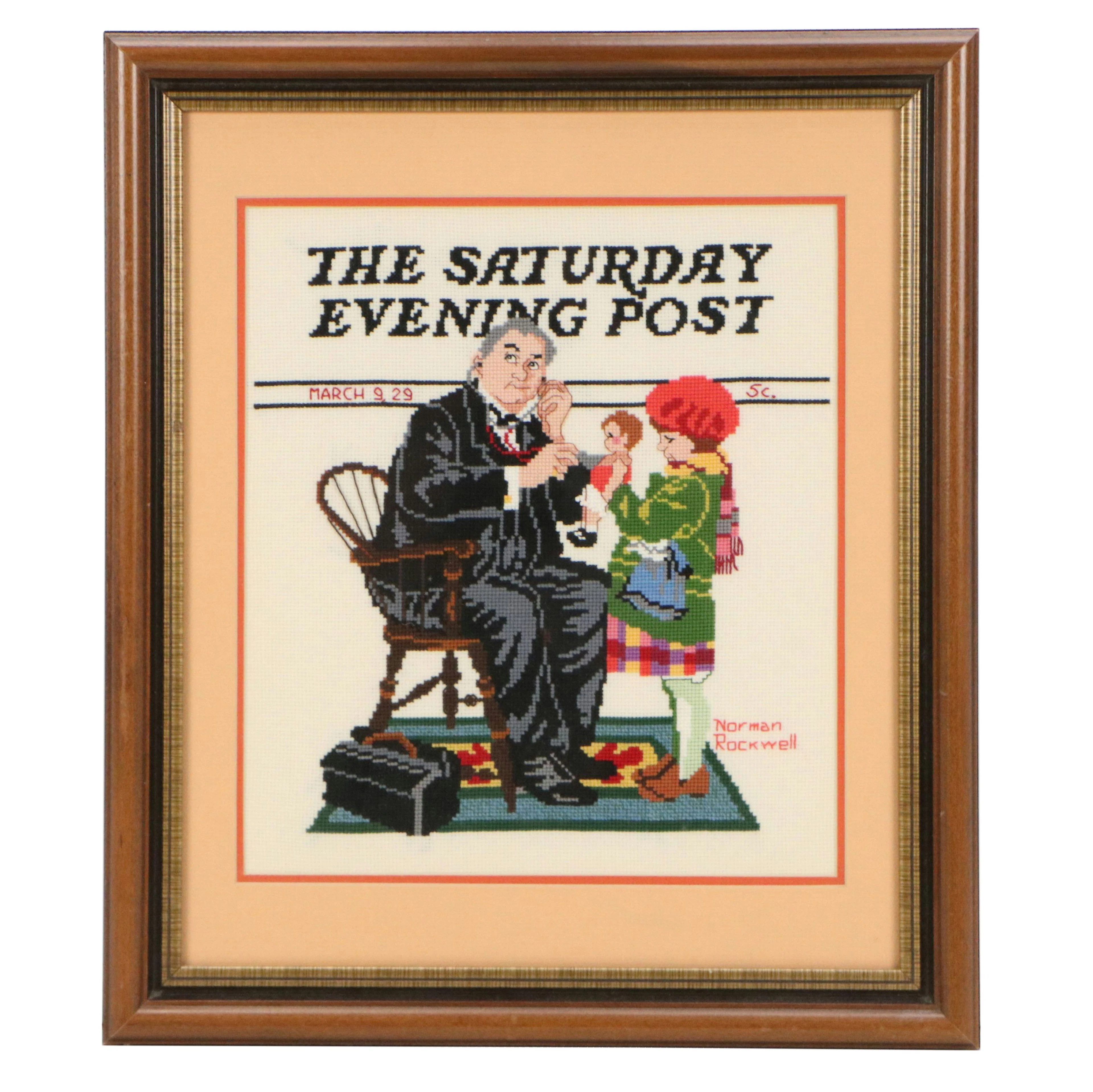 After Norman Rockwell Cross-Stitch Embroidery Panel "Doctor and the Doll"