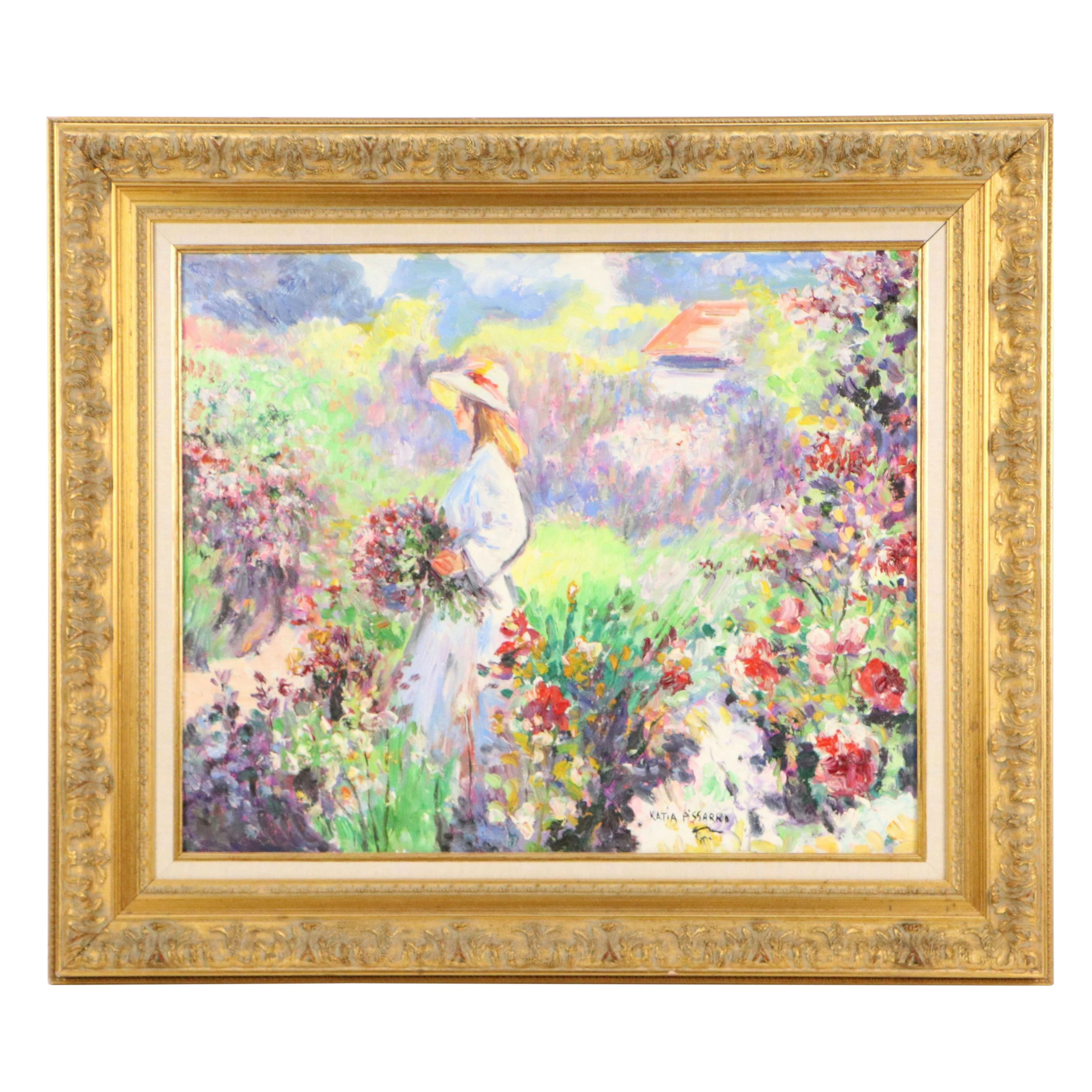 Katia Pissarro Oil Painting "Anaïs dans le Jardin Fleuri" Late 20th Century