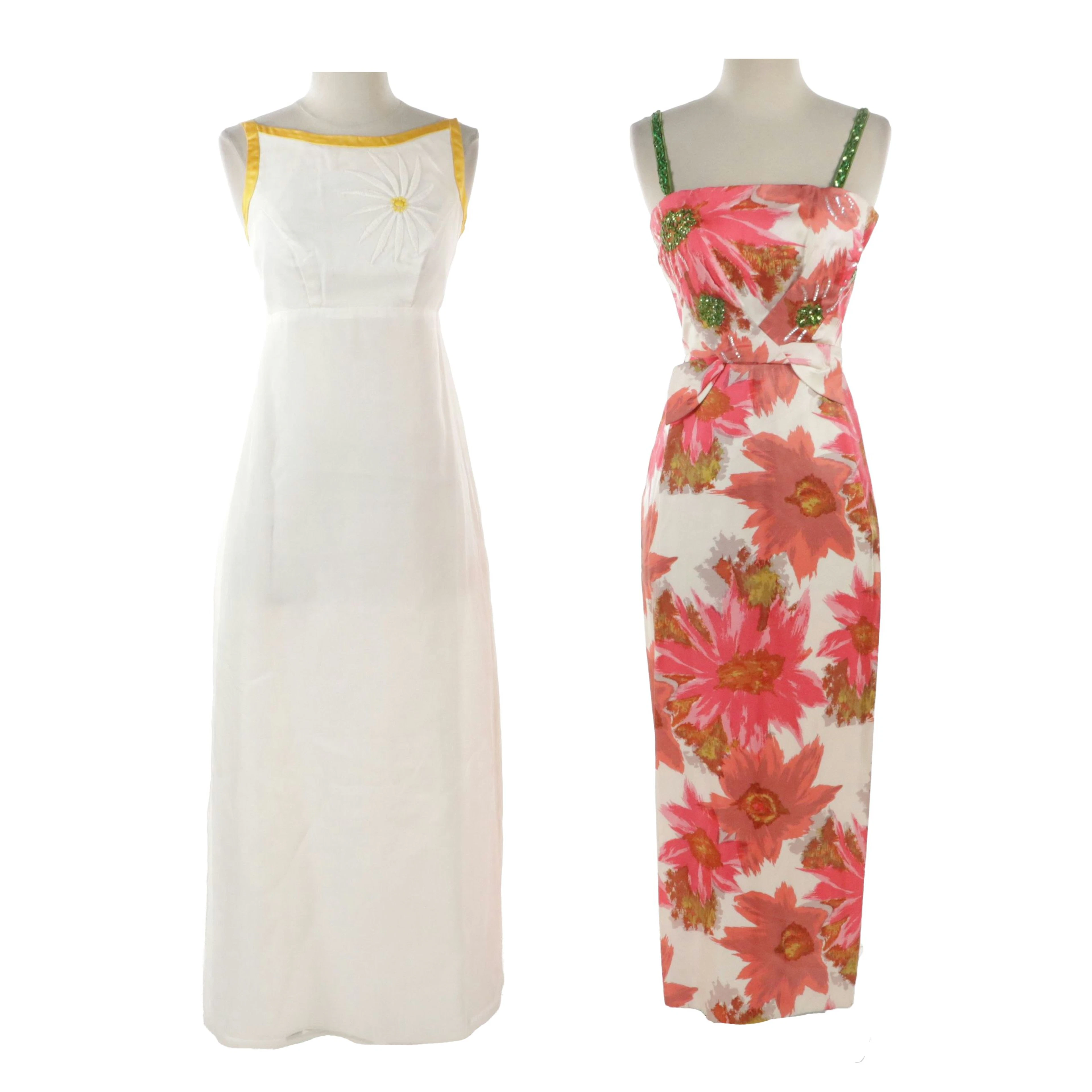 Sequined Floral Print and Embroidered Floral Sleeveless Maxi Dresses