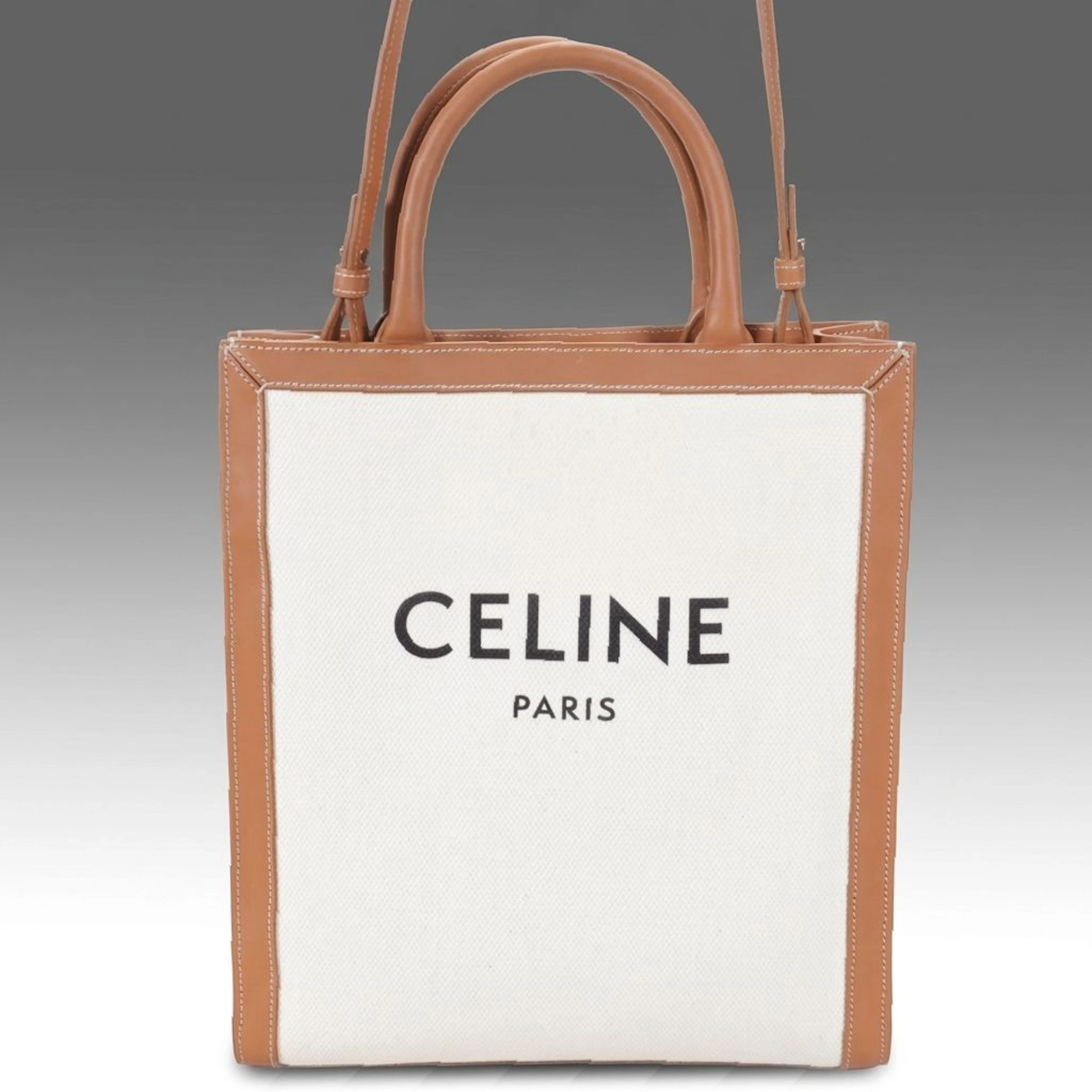 Céline Vertical Cabas Two-Way Tote in White Canvas and Brown Leather Trim