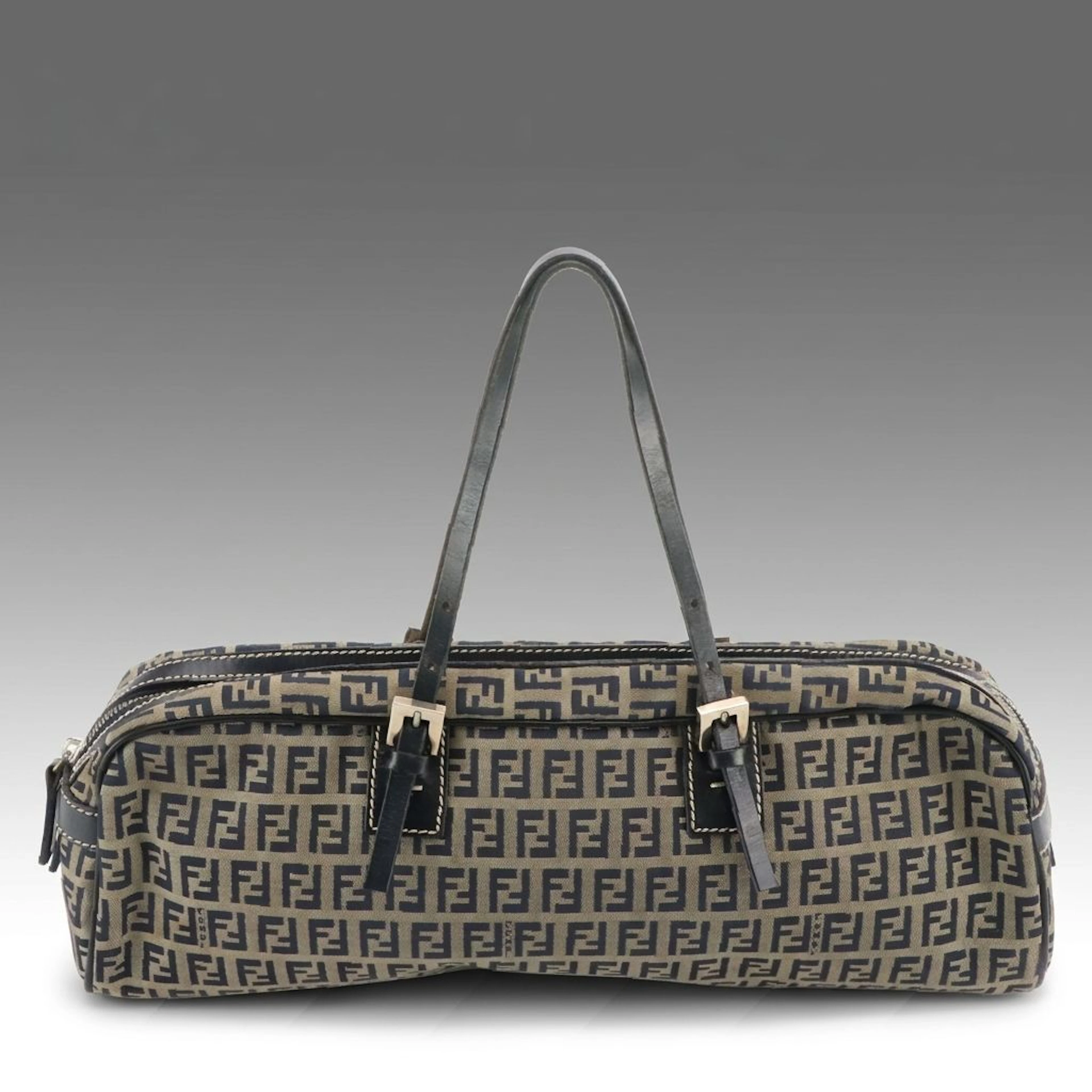 Fendi Bowling Bag in Grey/Blue Zucchino Canvas and Leather