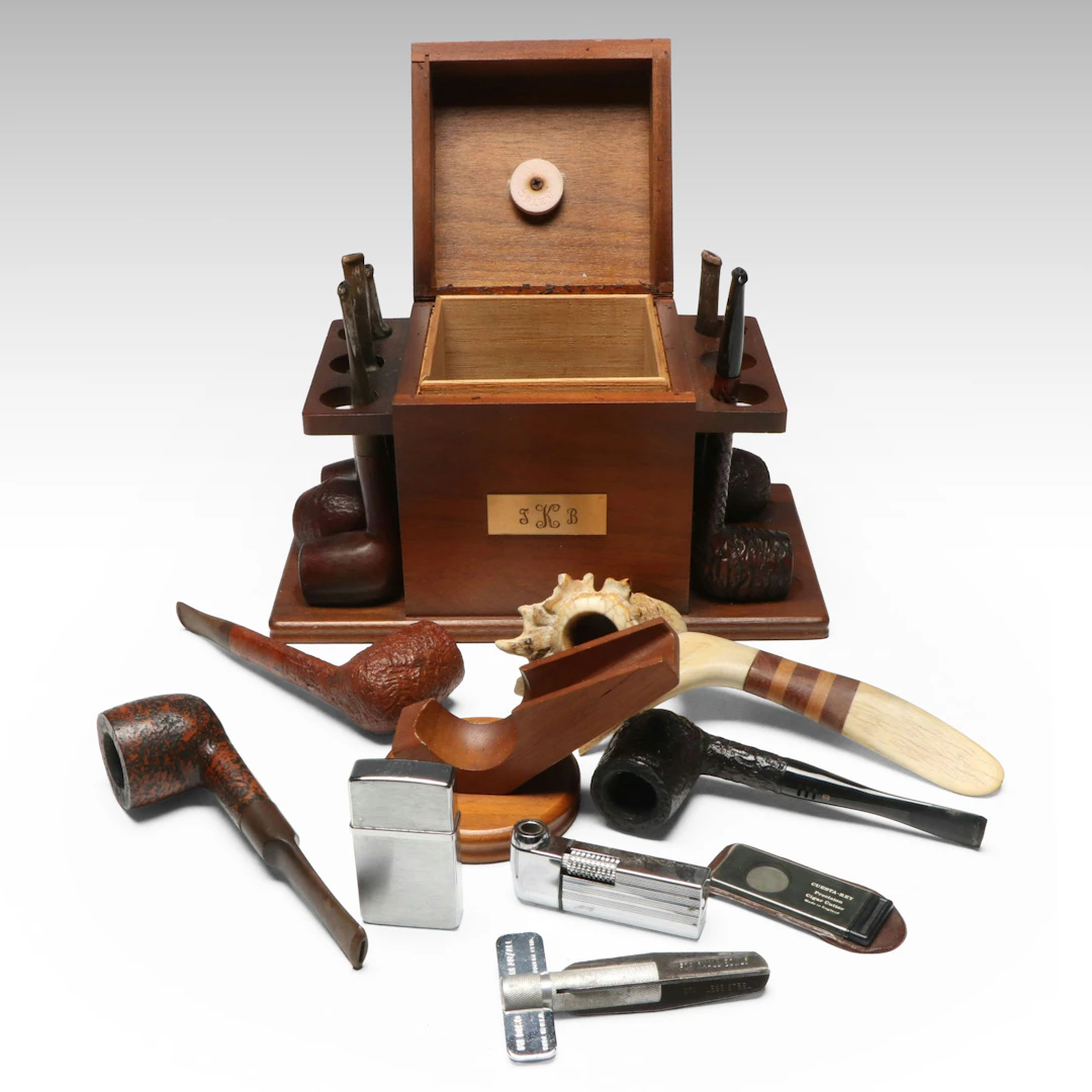 Antler and Wood Inlay Pipe with More Smoking Pipes and Tobacco Box