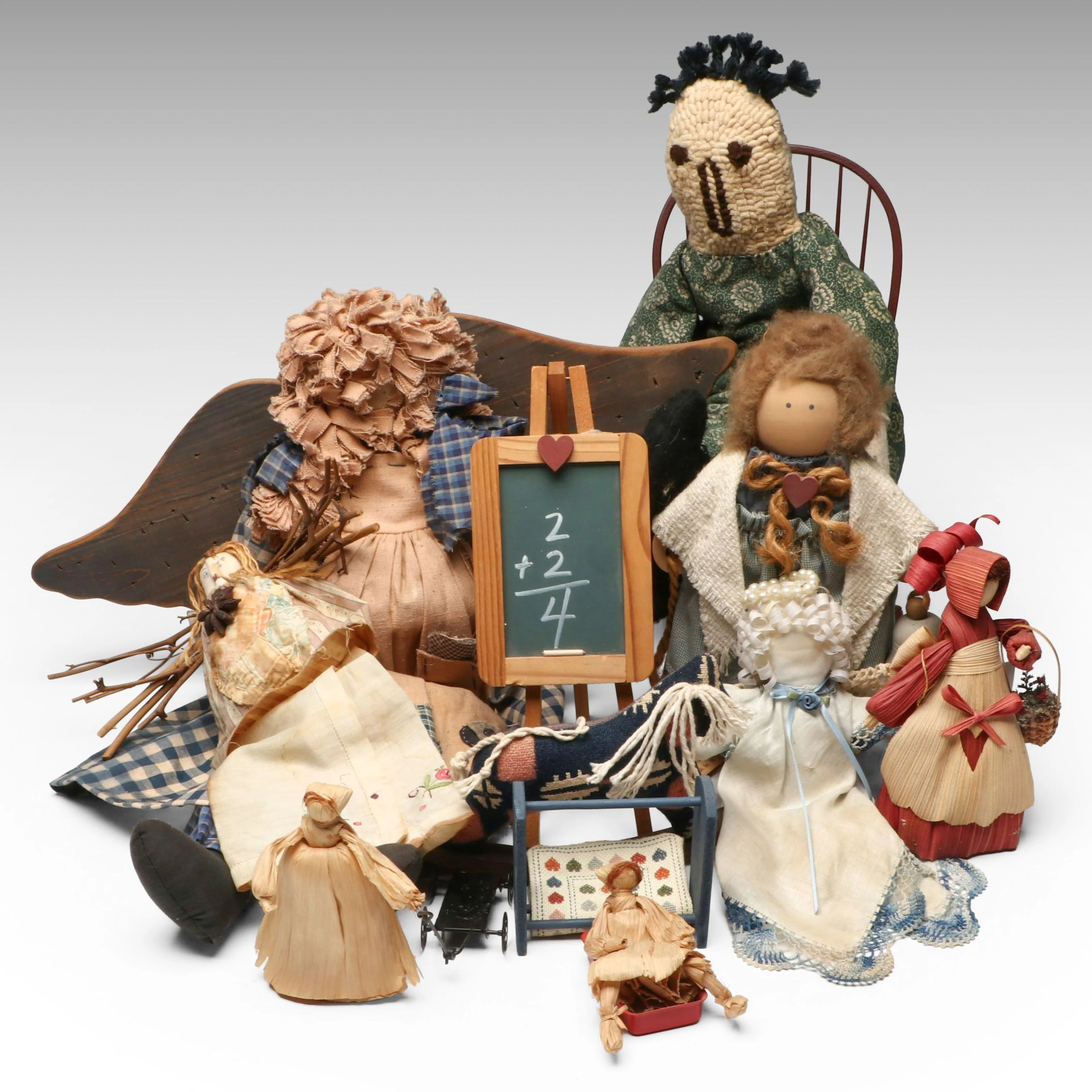 Handcrafted Hooked Rug Doll with Corn Husk and Other Rustic Dolls