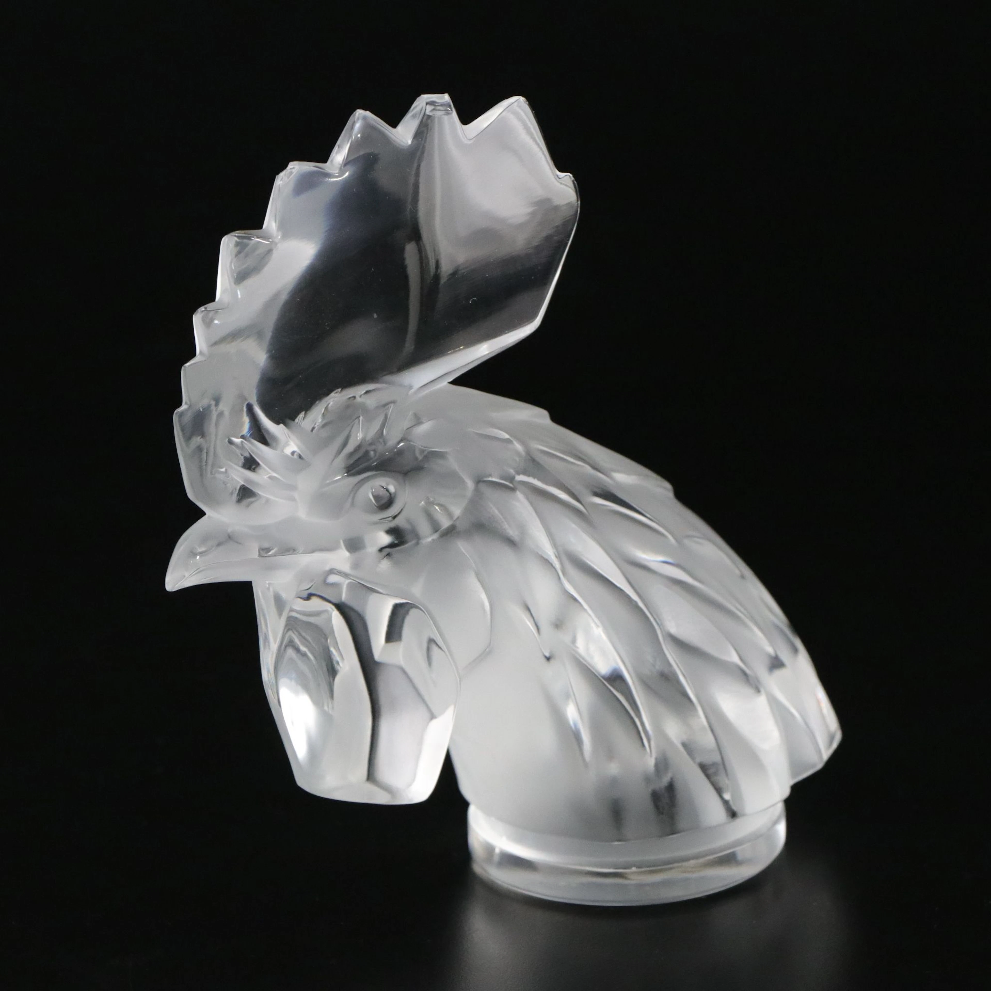 Lalique "Tête de Coq" Frosted and Clear Crystal Rooster Head Mascot
