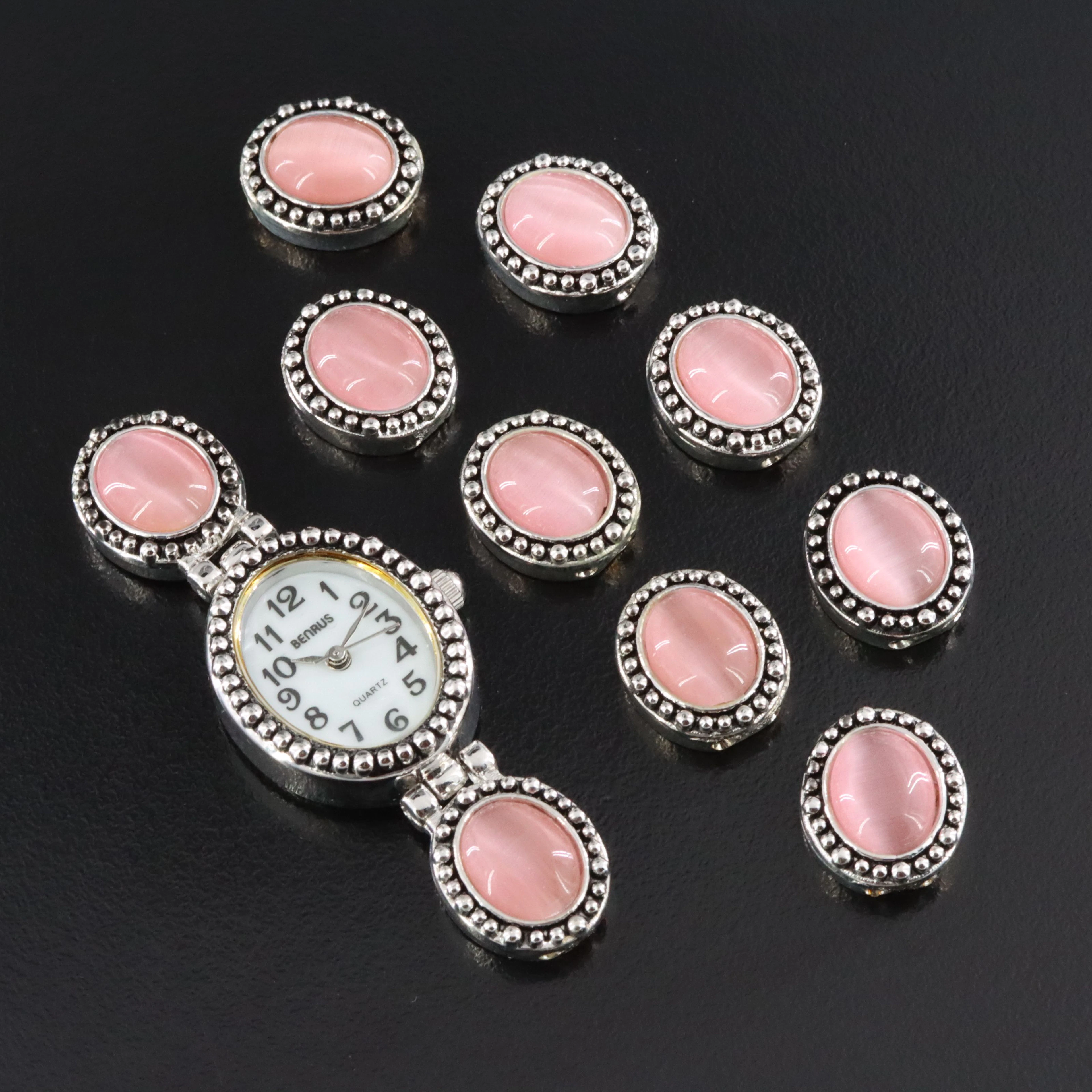 Benrus Quartz Watch with Unassembled Pink Cat's Eye Stone Bracelet