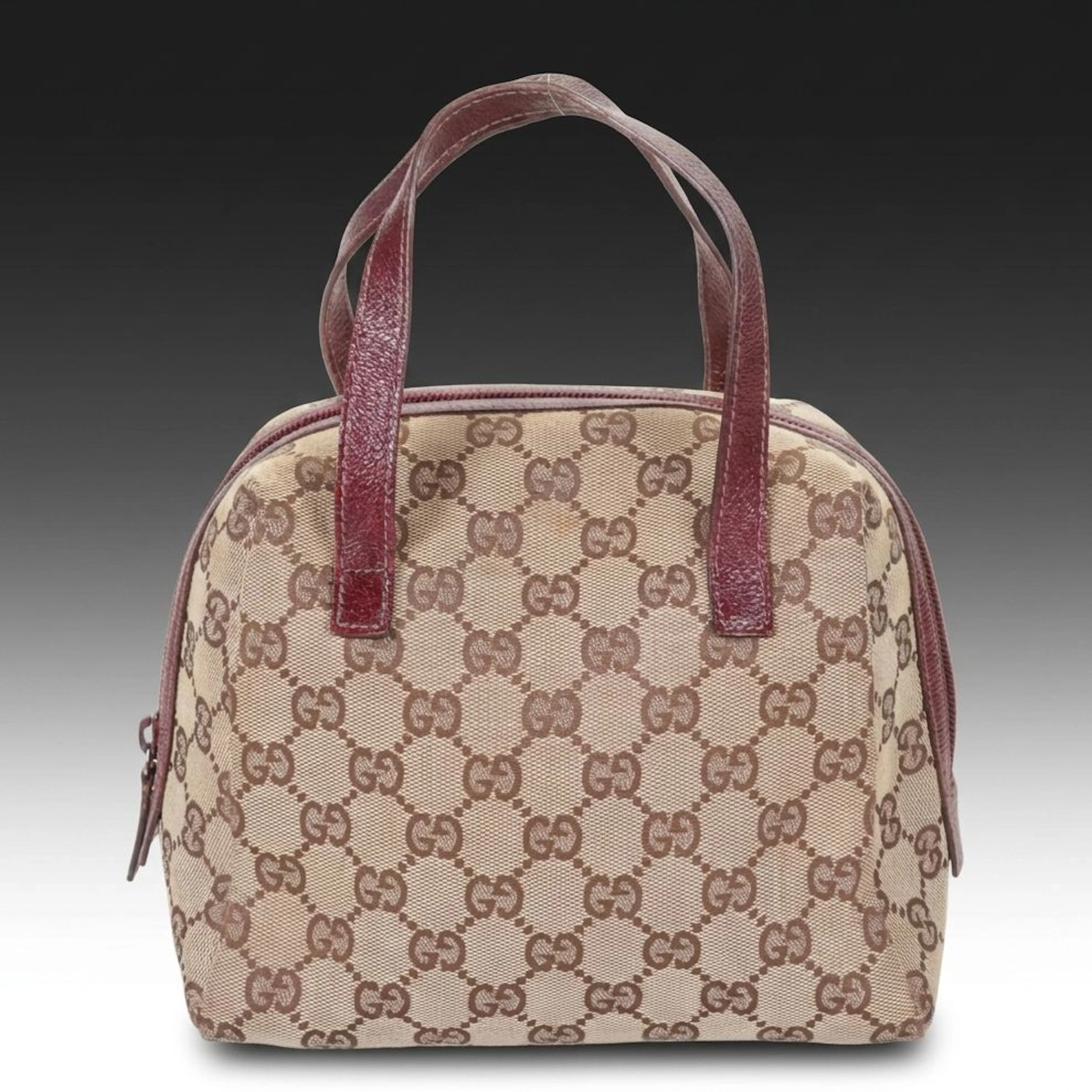 Gucci Balthus Mini Handle Bag in GG Canvas and Burgundy Leather Trim