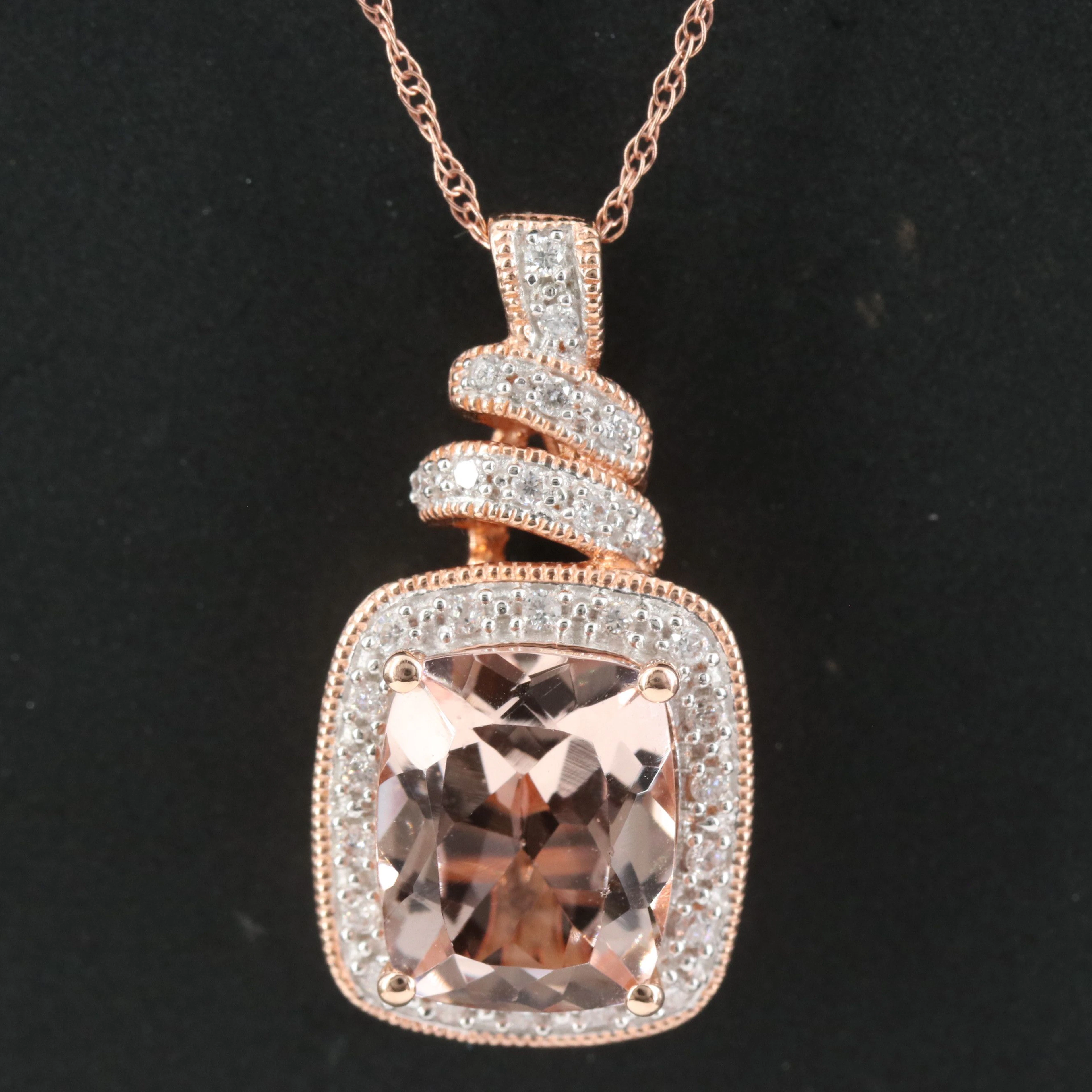 14K Rose Gold Morganite and Diamond Pendant Necklace