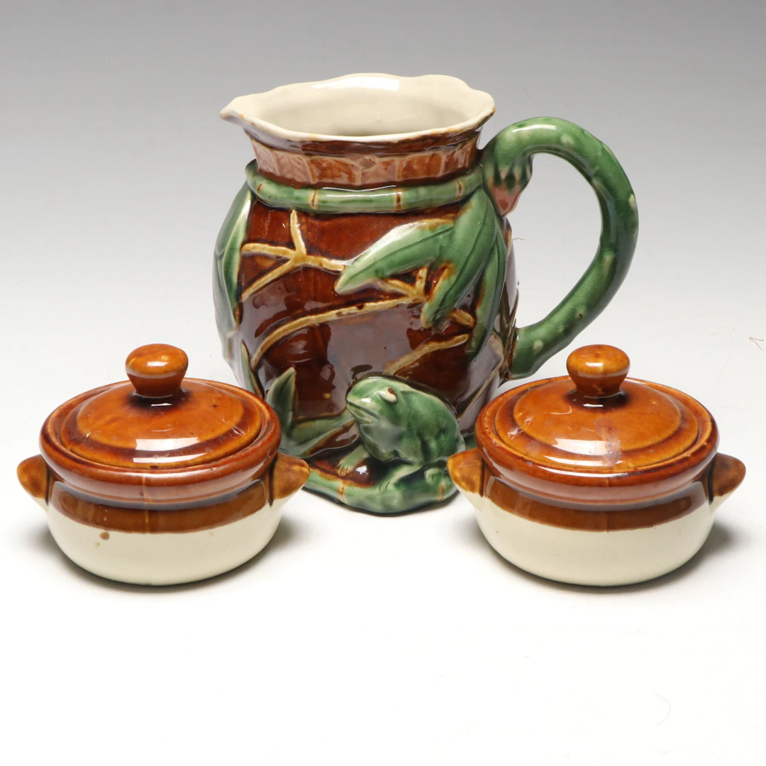 Potpourri Lidded Soup Bowls with Majolica Style Frog Pitcher