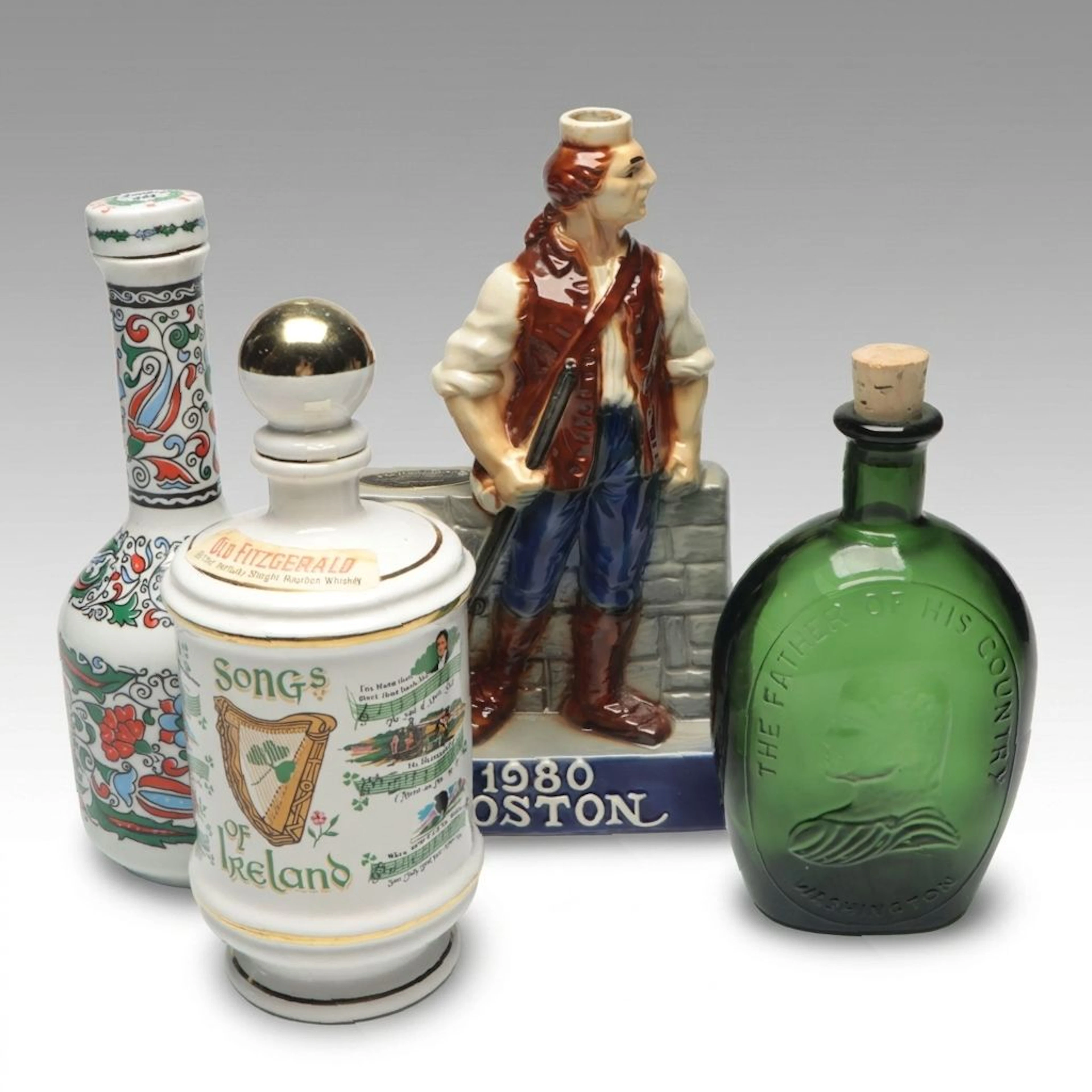 Nuline N.J Green Glass George Washington Bottle with Other Novelty Decanters