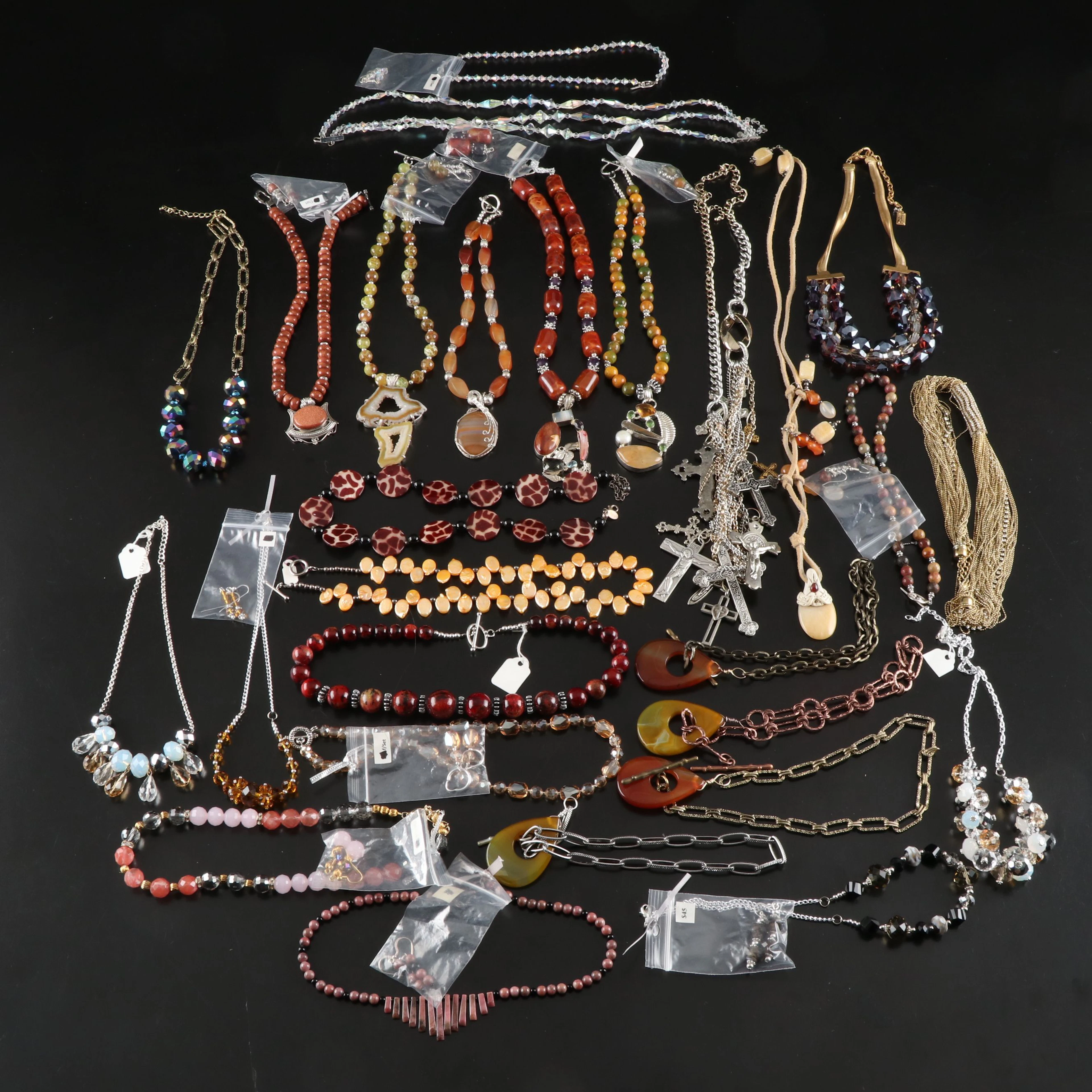 Goldstone, Carnelian, Rhodonite and Other Beaded Necklaces and Earrings
