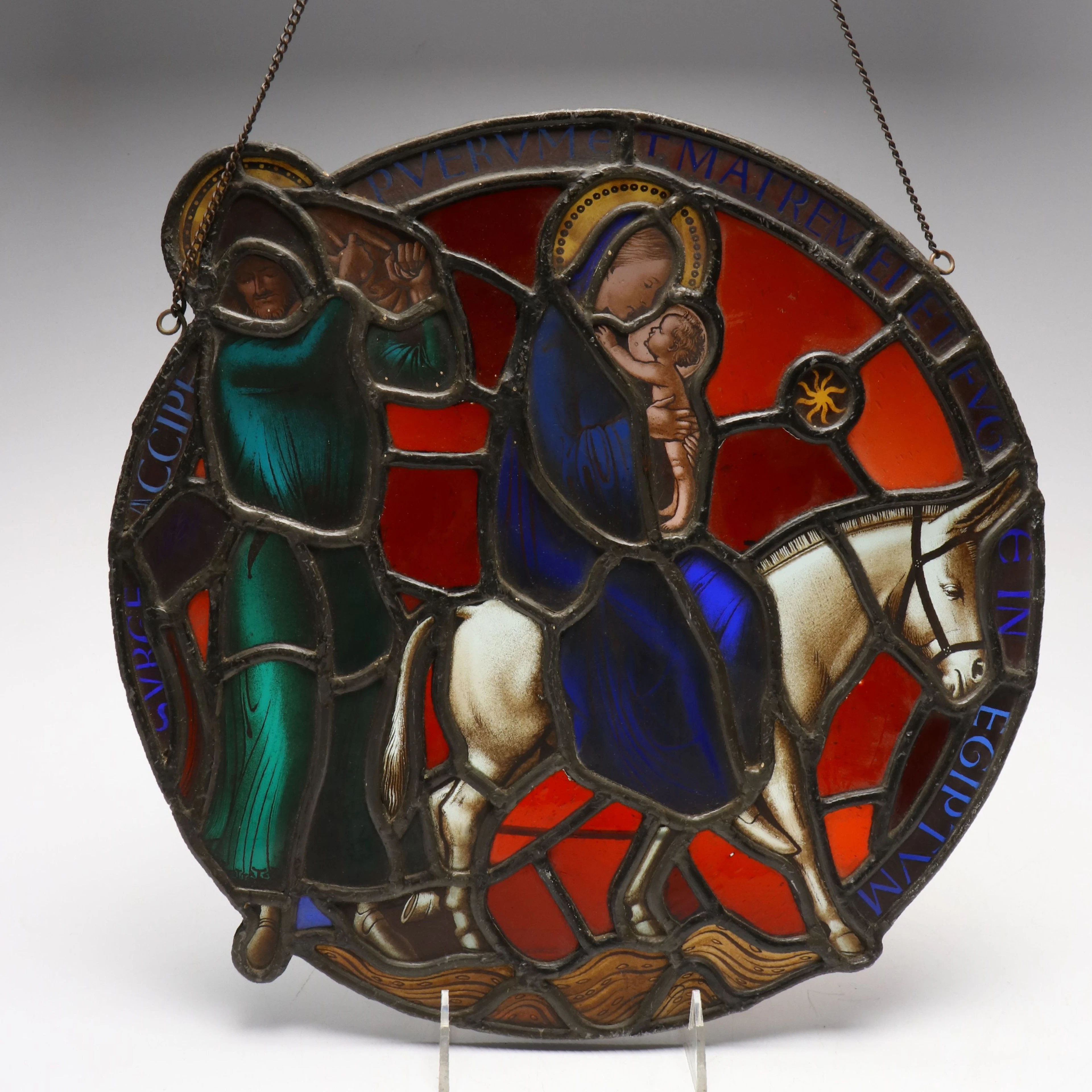 Gothic Stained Glass Church Window Medallion Scene of Joseph, Mary and Jesus