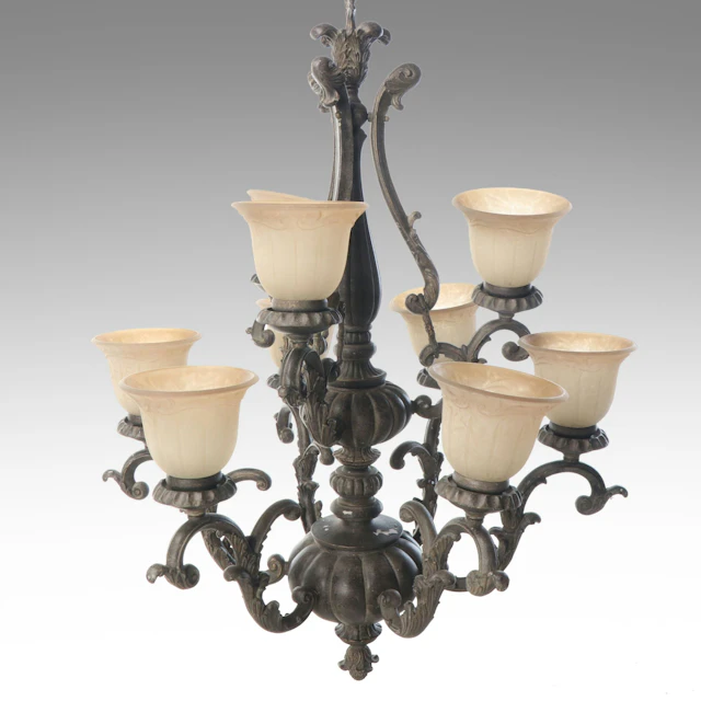 Craquelure Finish Nine-Arm Rustic Metal and Composite Chandelier