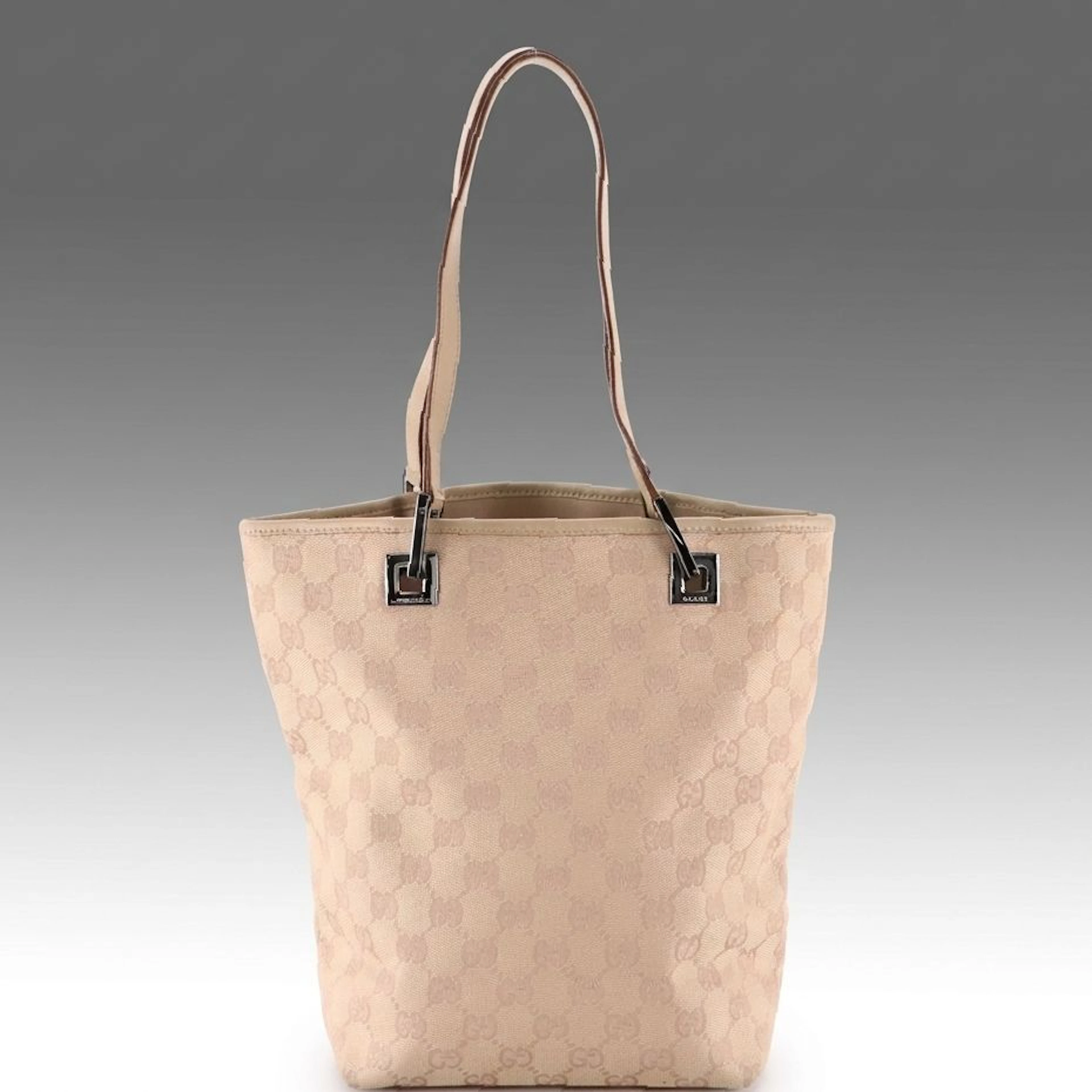Gucci Small Bucket Tote Bag in Beige GG Canvas with Calfskin Leather Trim