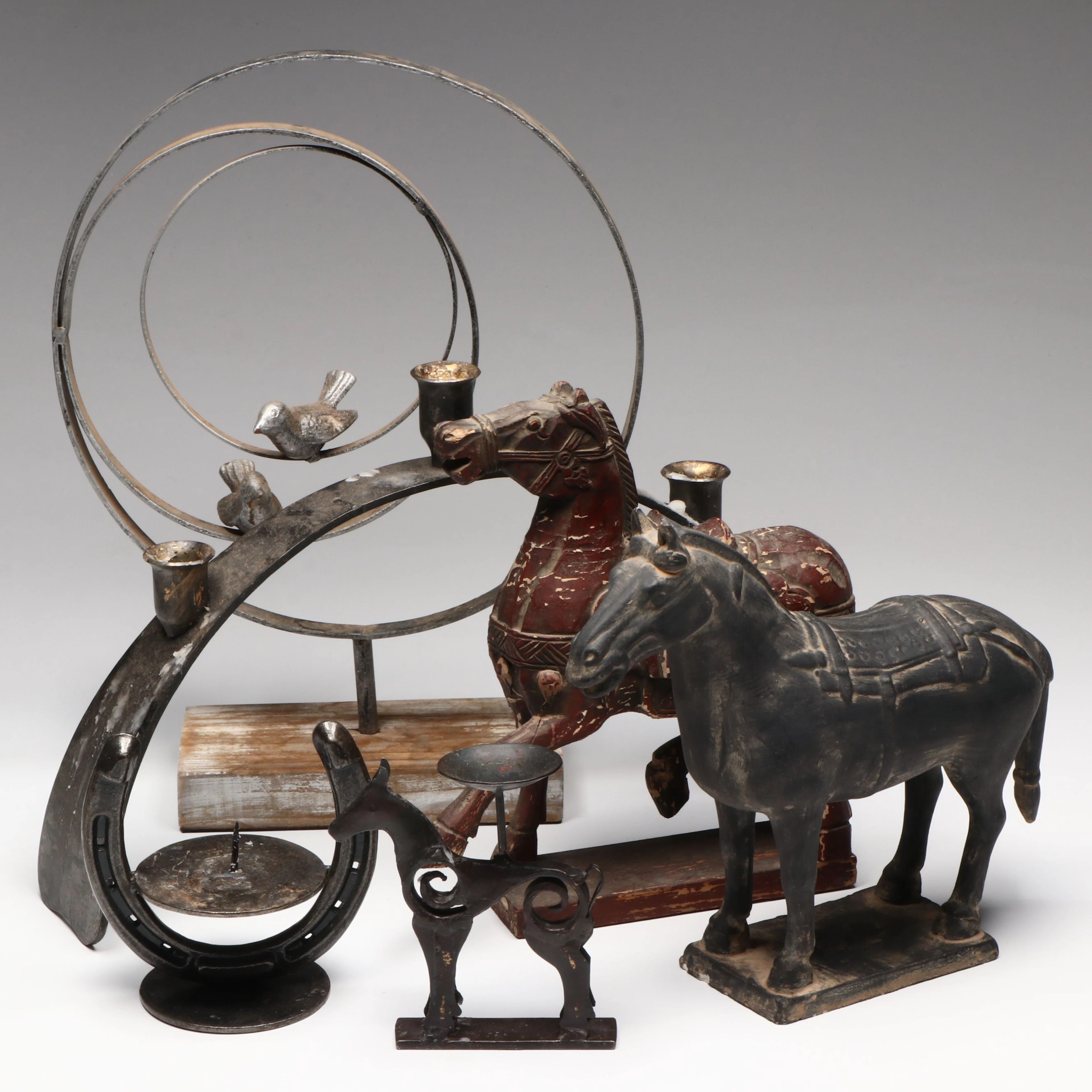 Rustic Bird and Circle Sculpture with Tang Style Horse Figures, Candle Holders