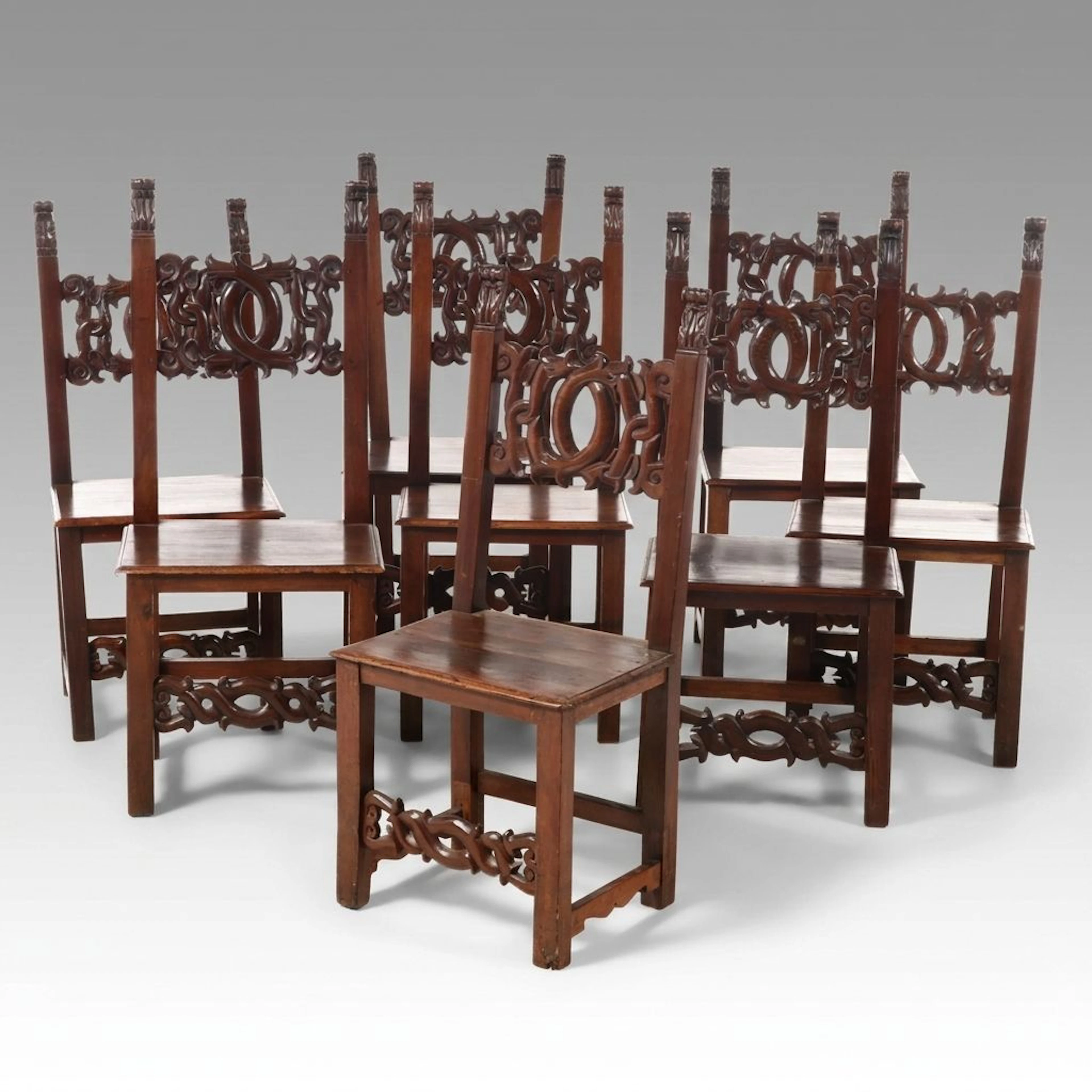Antique Set of Italian Baroque Carved Walnut Dining Chairs, 19th C. or Earlier