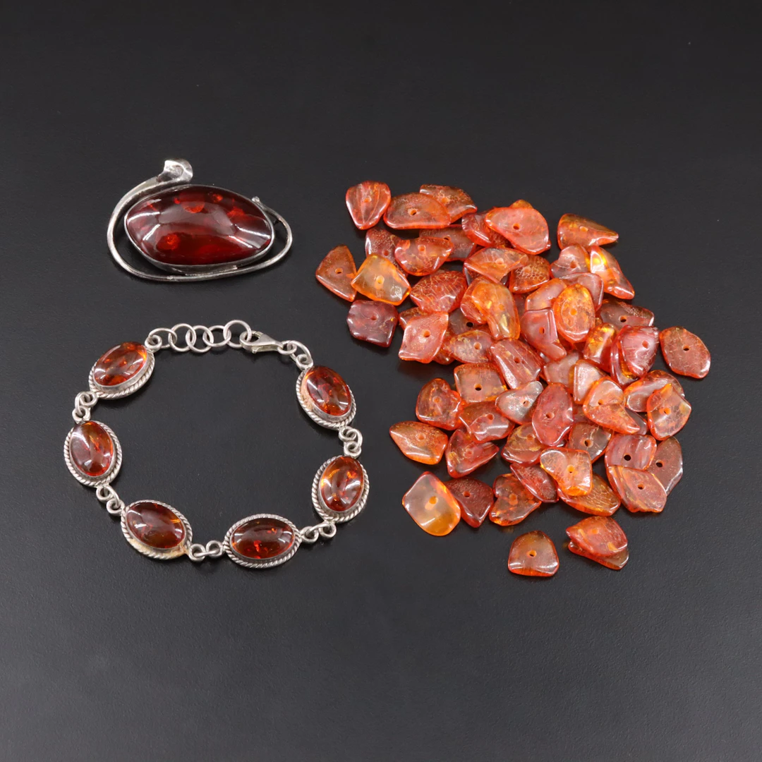 Sterling Amber Bracelet and Brooch with Loose Beads