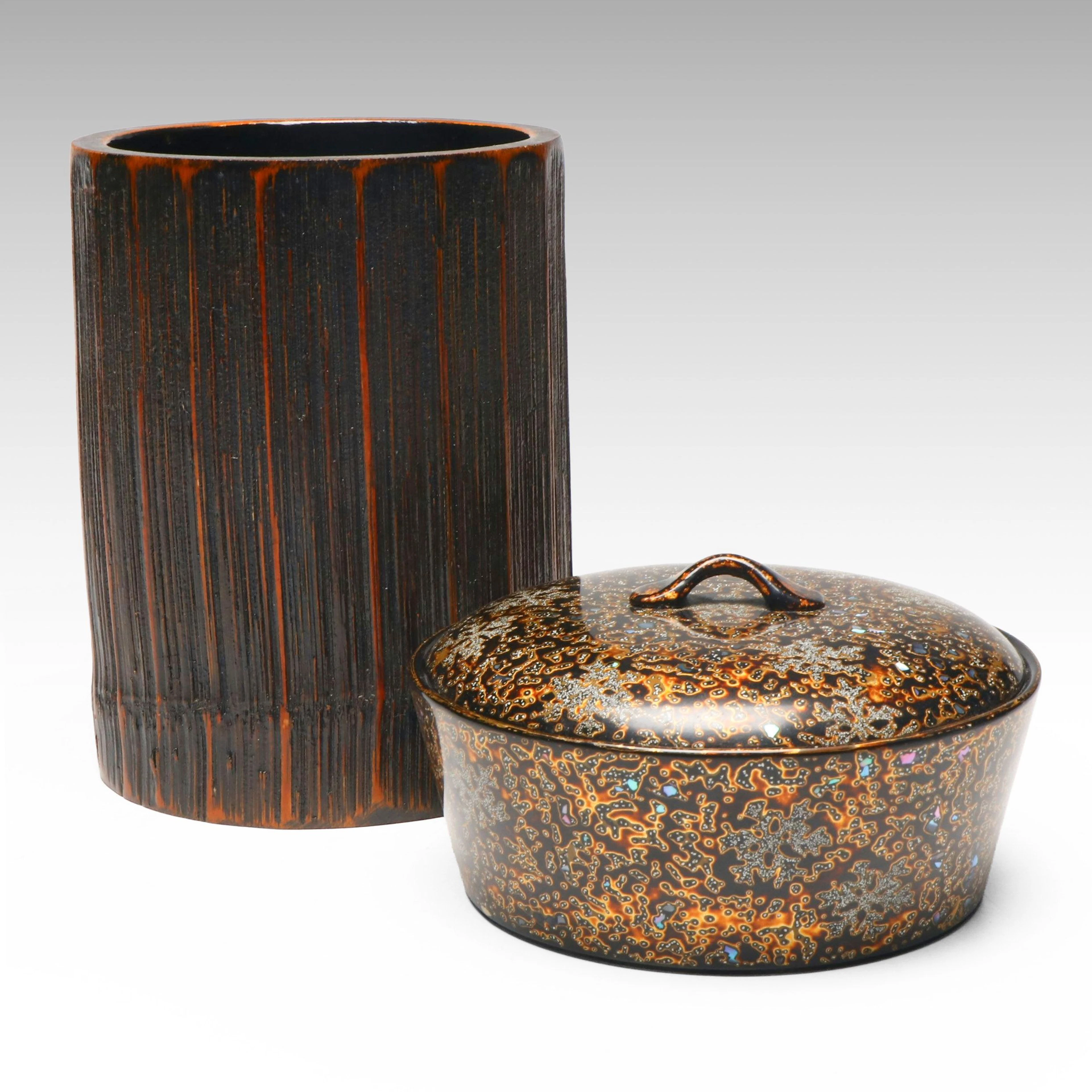 Japanese Bamboo Ikebana Vase with Lacquerware Lidded Box