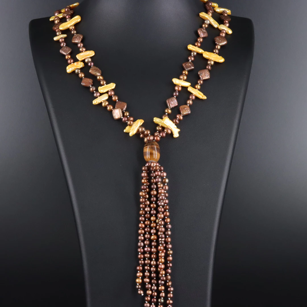 Desert Rose Trading Co. Tiger's Eye & Pearl Tassel Necklace