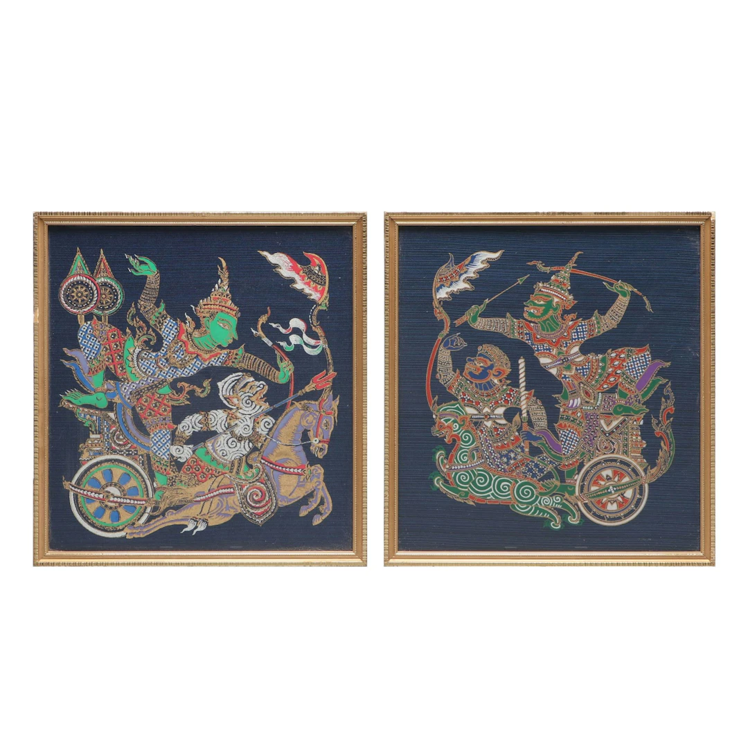 Thai Silk Paintings Depicting Scenes from "Ramakien" in Giltwood Frames
